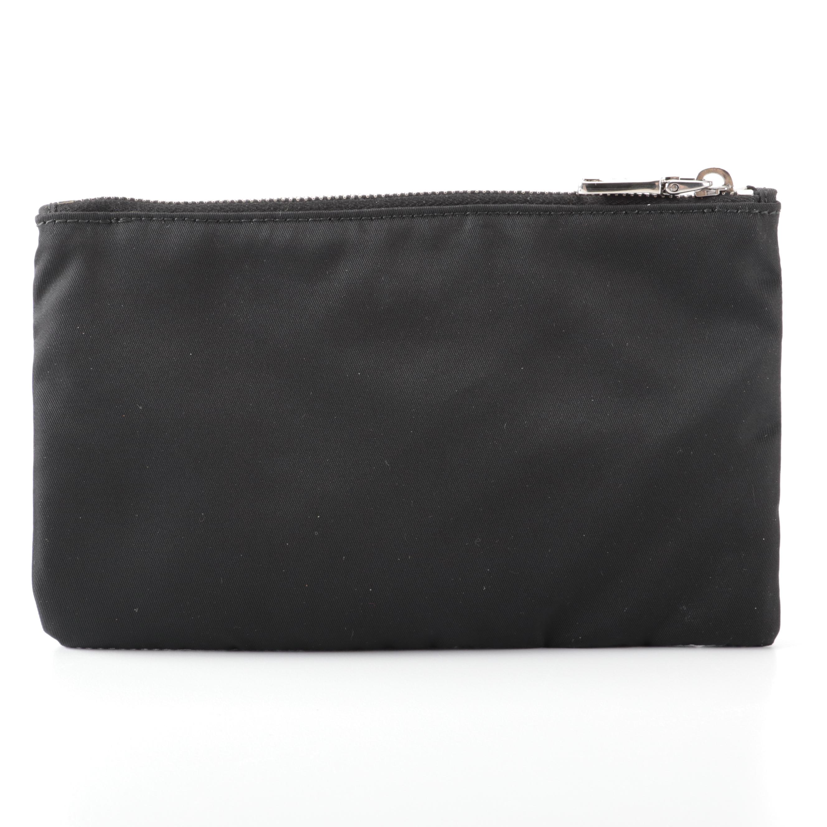 Prada Zip Pouch in Black Tessuto Nylon with Saffiano Leather Bull Detail in Box