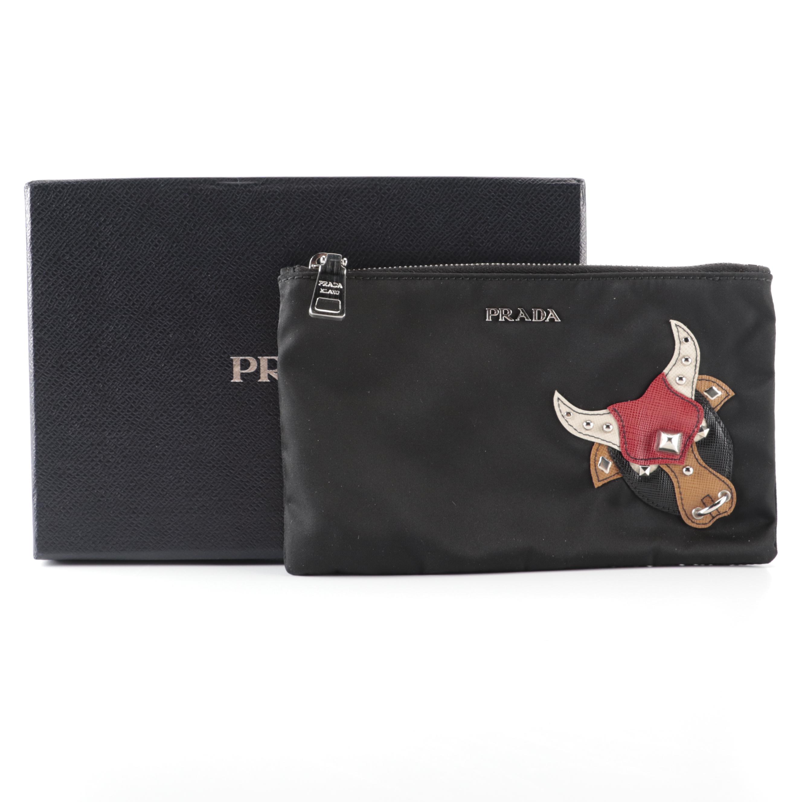 Prada Zip Pouch in Black Tessuto Nylon with Saffiano Leather Bull Detail in Box
