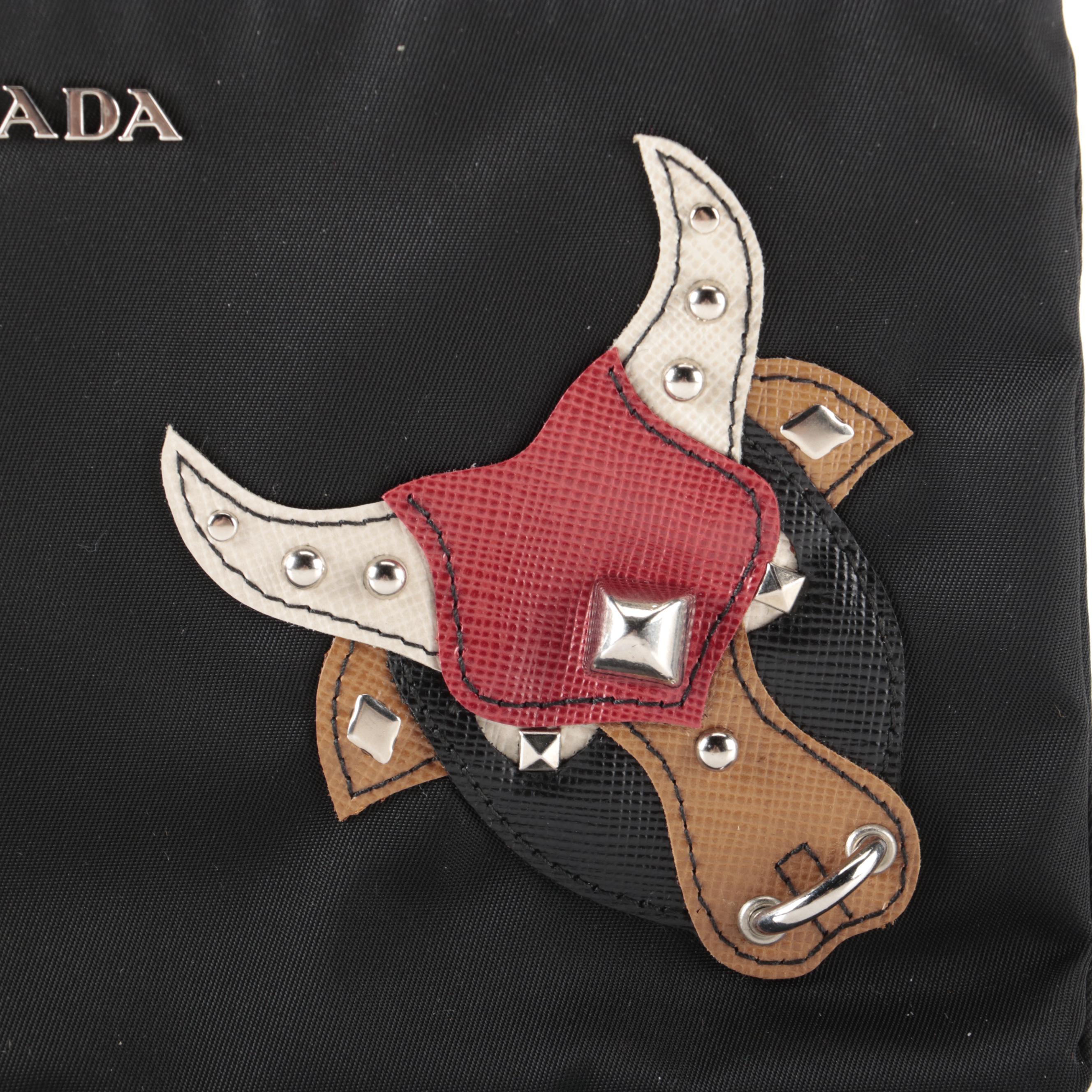 Prada Zip Pouch in Black Tessuto Nylon with Saffiano Leather Bull Detail in Box