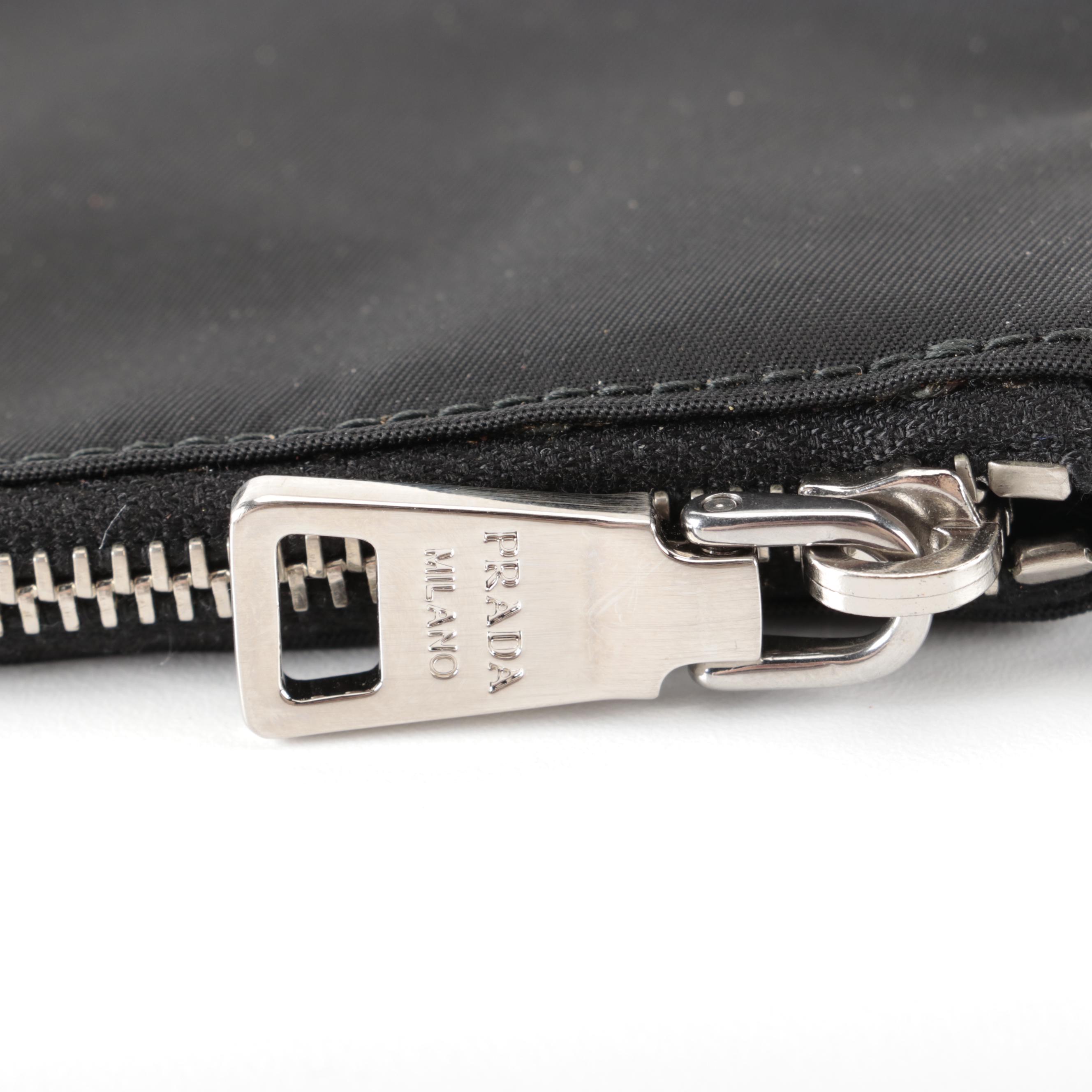 Prada Zip Pouch in Black Tessuto Nylon with Saffiano Leather Bull Detail in Box
