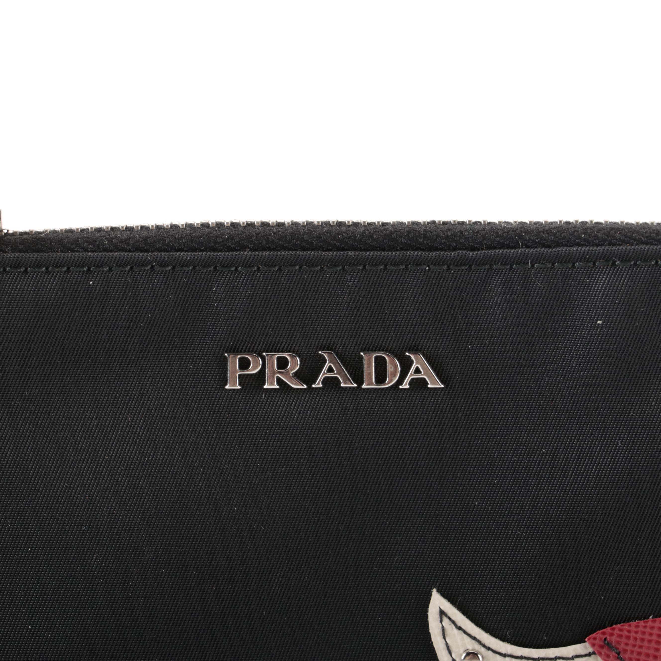 Prada Zip Pouch in Black Tessuto Nylon with Saffiano Leather Bull Detail in Box
