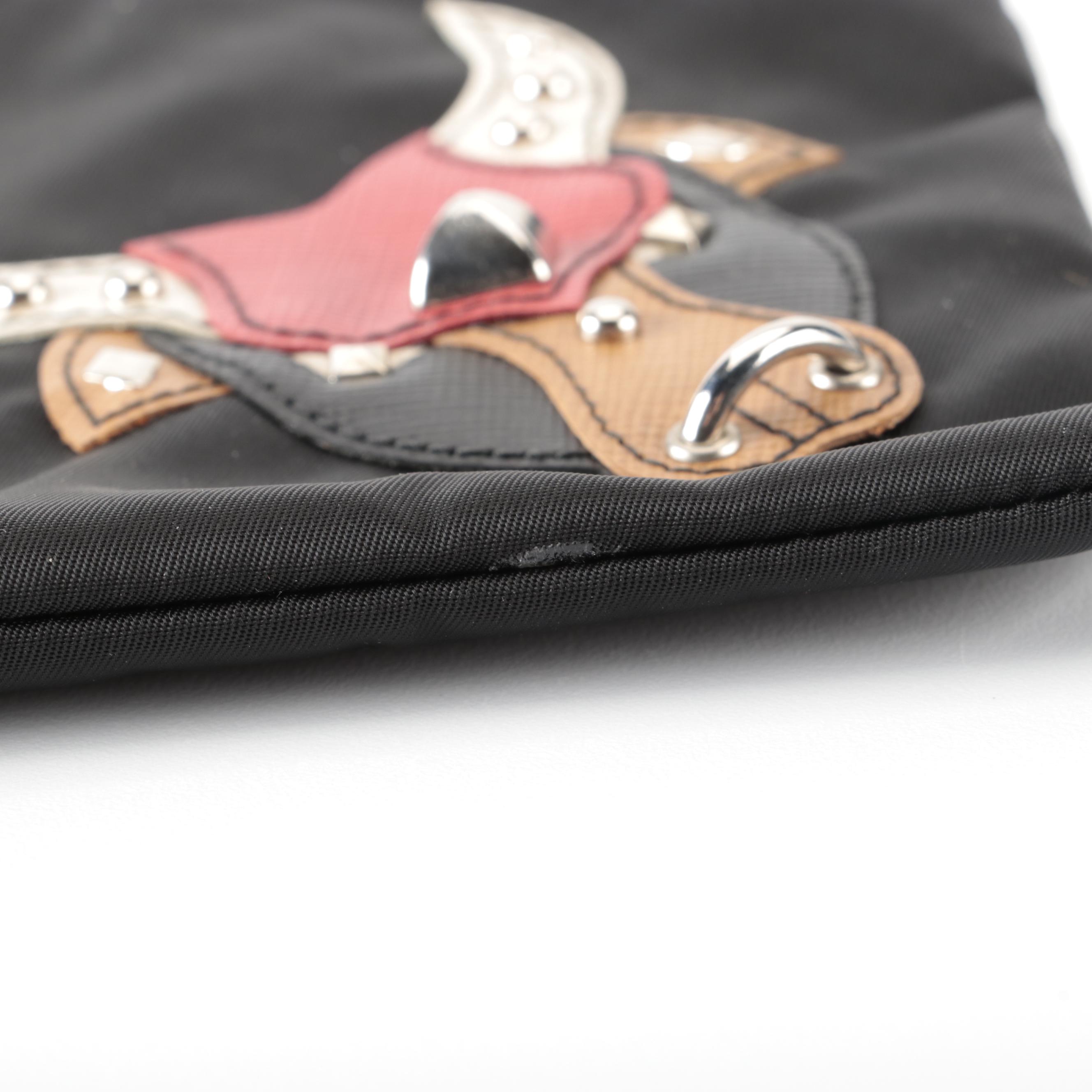 Prada Zip Pouch in Black Tessuto Nylon with Saffiano Leather Bull Detail in Box