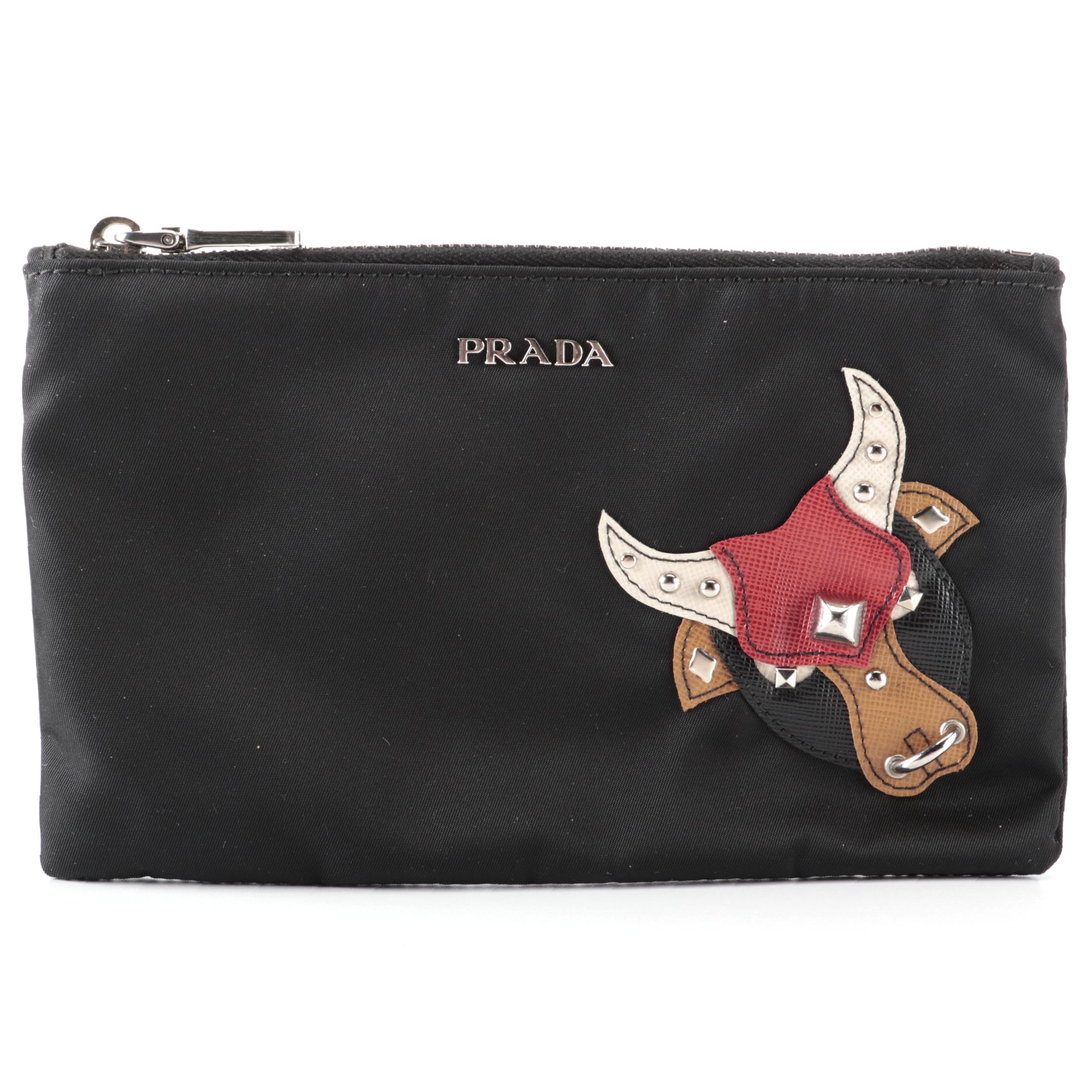 Prada Zip Pouch in Black Tessuto Nylon with Saffiano Leather Bull Detail in Box