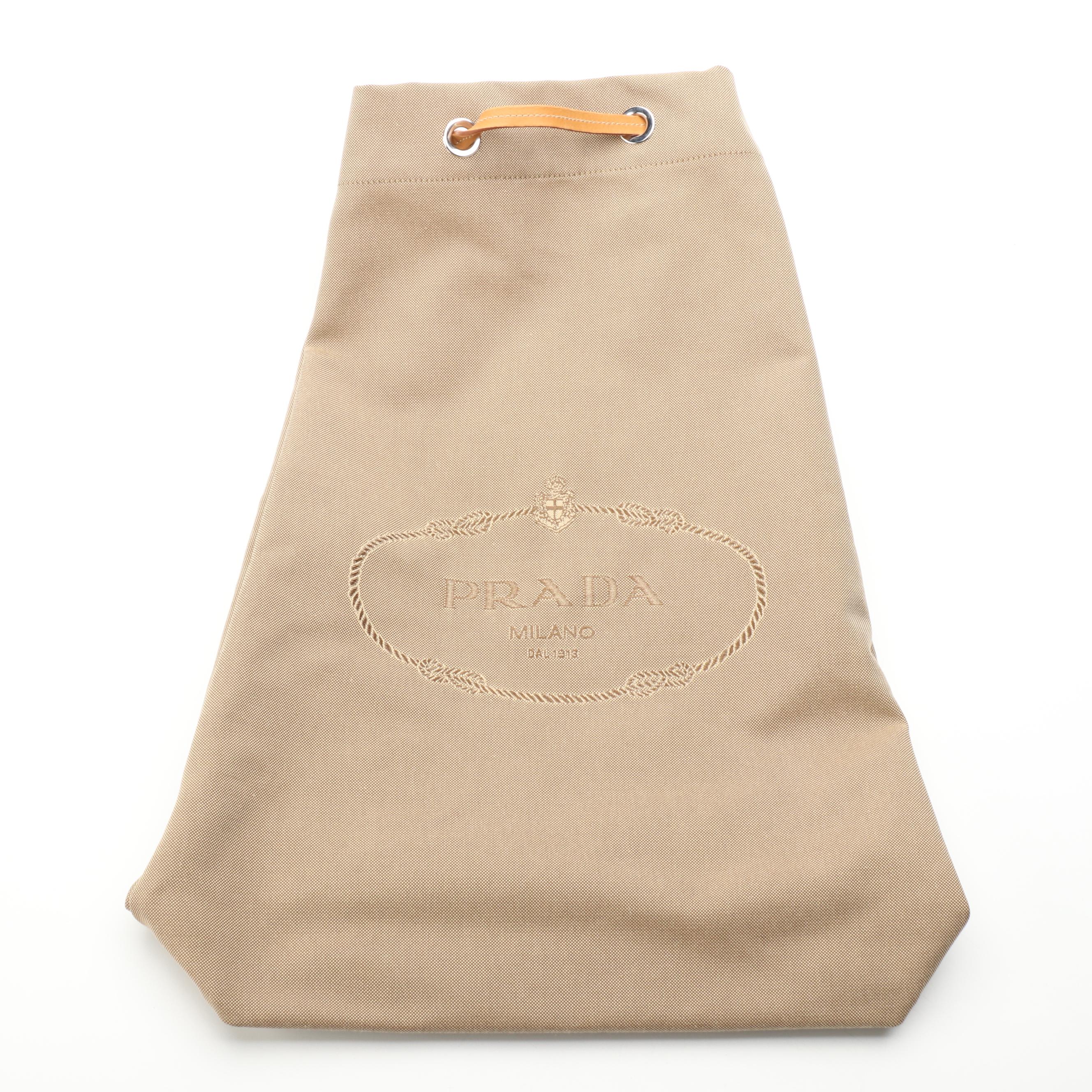 Prada Large Drawstring Bucket Bag in Tan Canapa Canvas and Natural Leather