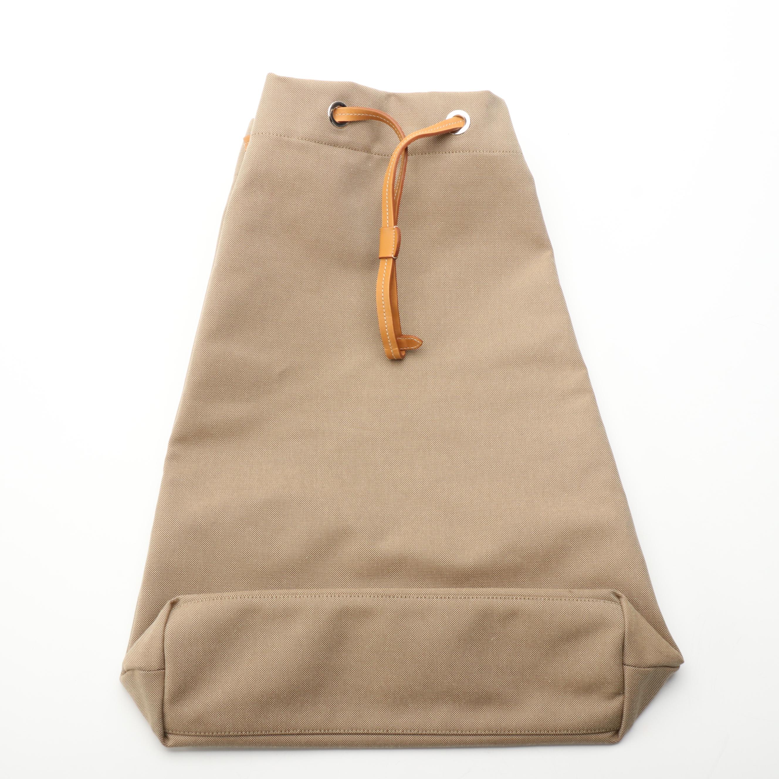 Prada Large Drawstring Bucket Bag in Tan Canapa Canvas and Natural Leather