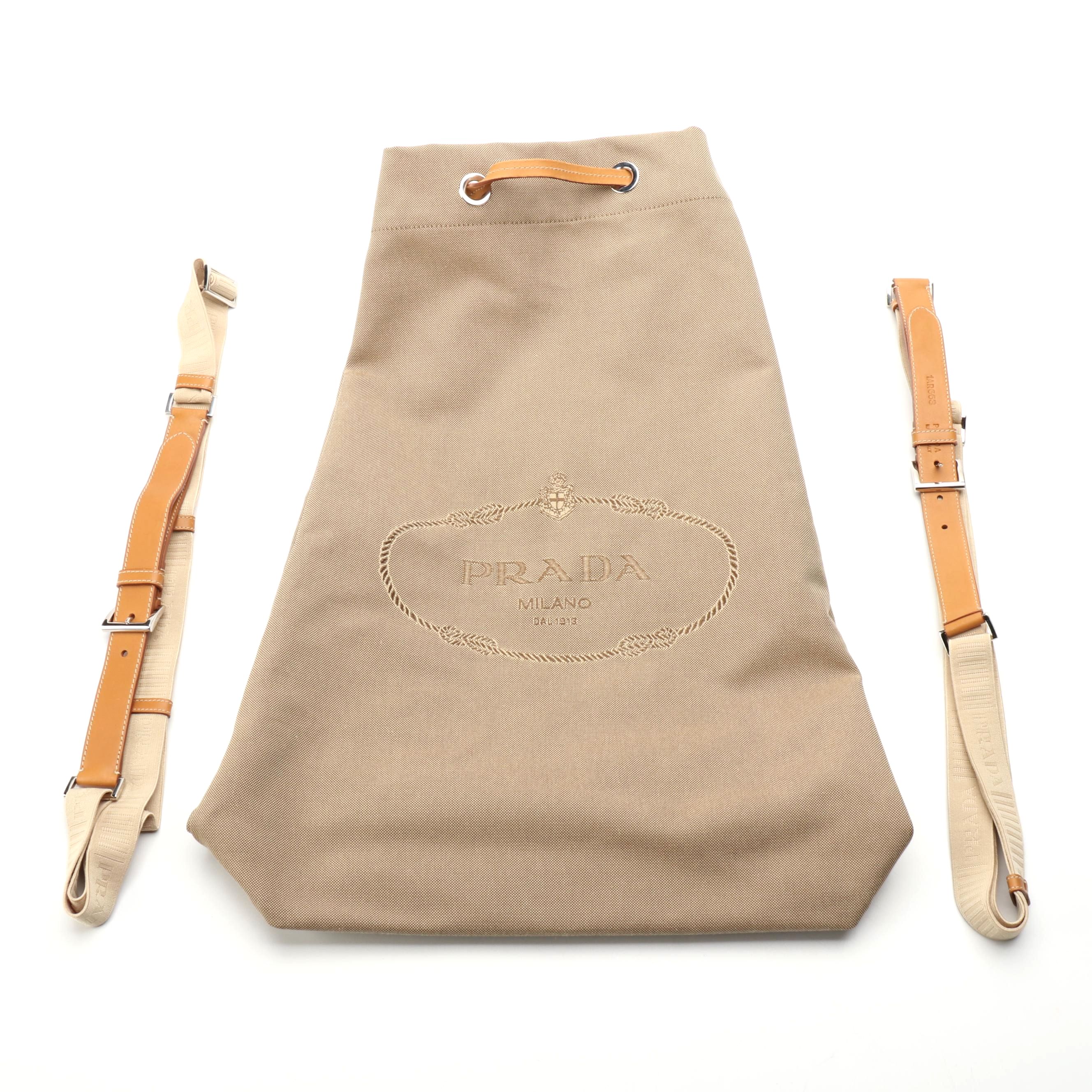 Prada Large Drawstring Bucket Bag in Tan Canapa Canvas and Natural Leather