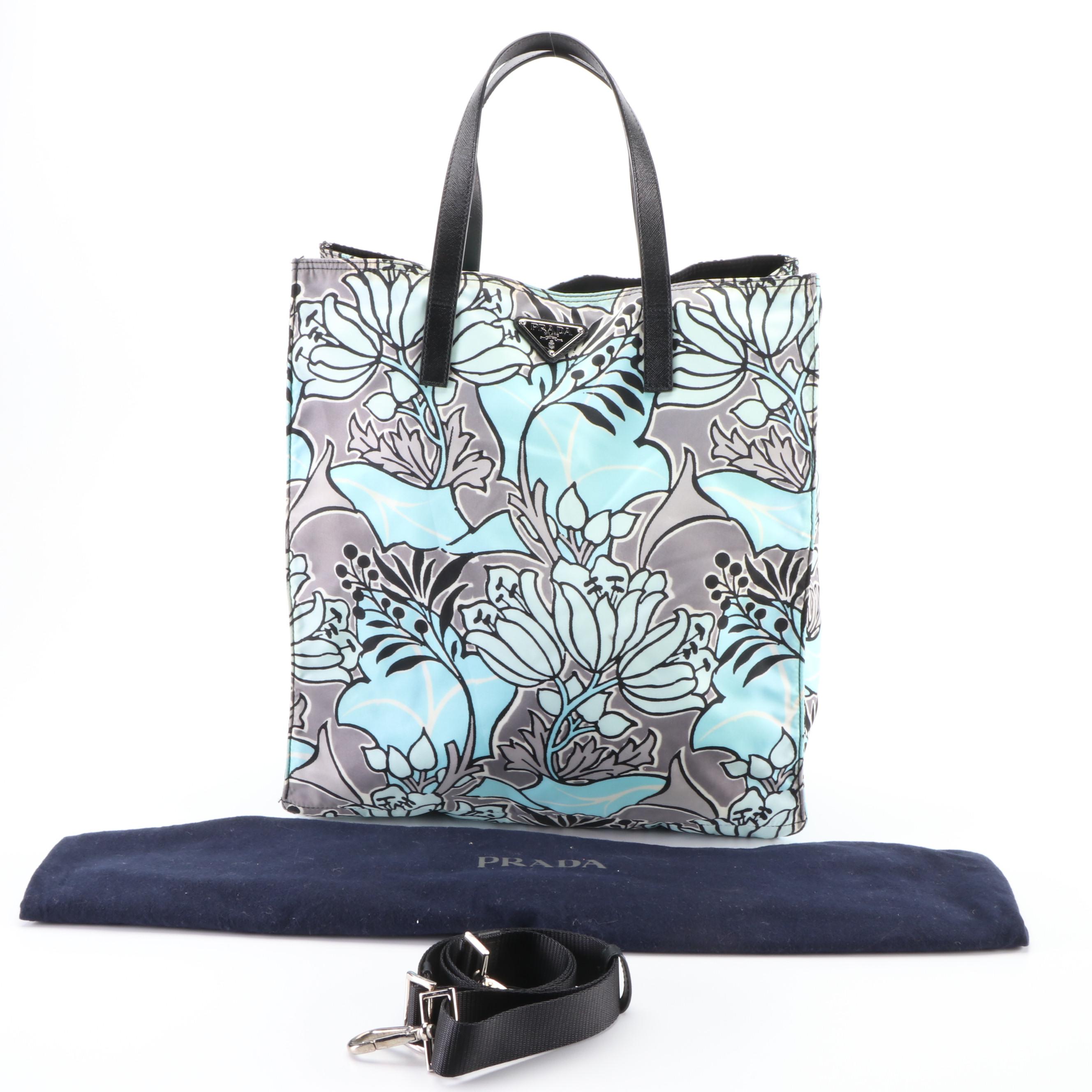 Prada Tote in Floral-Print Tessuto Nylon and Black Saffiano Leather with Strap