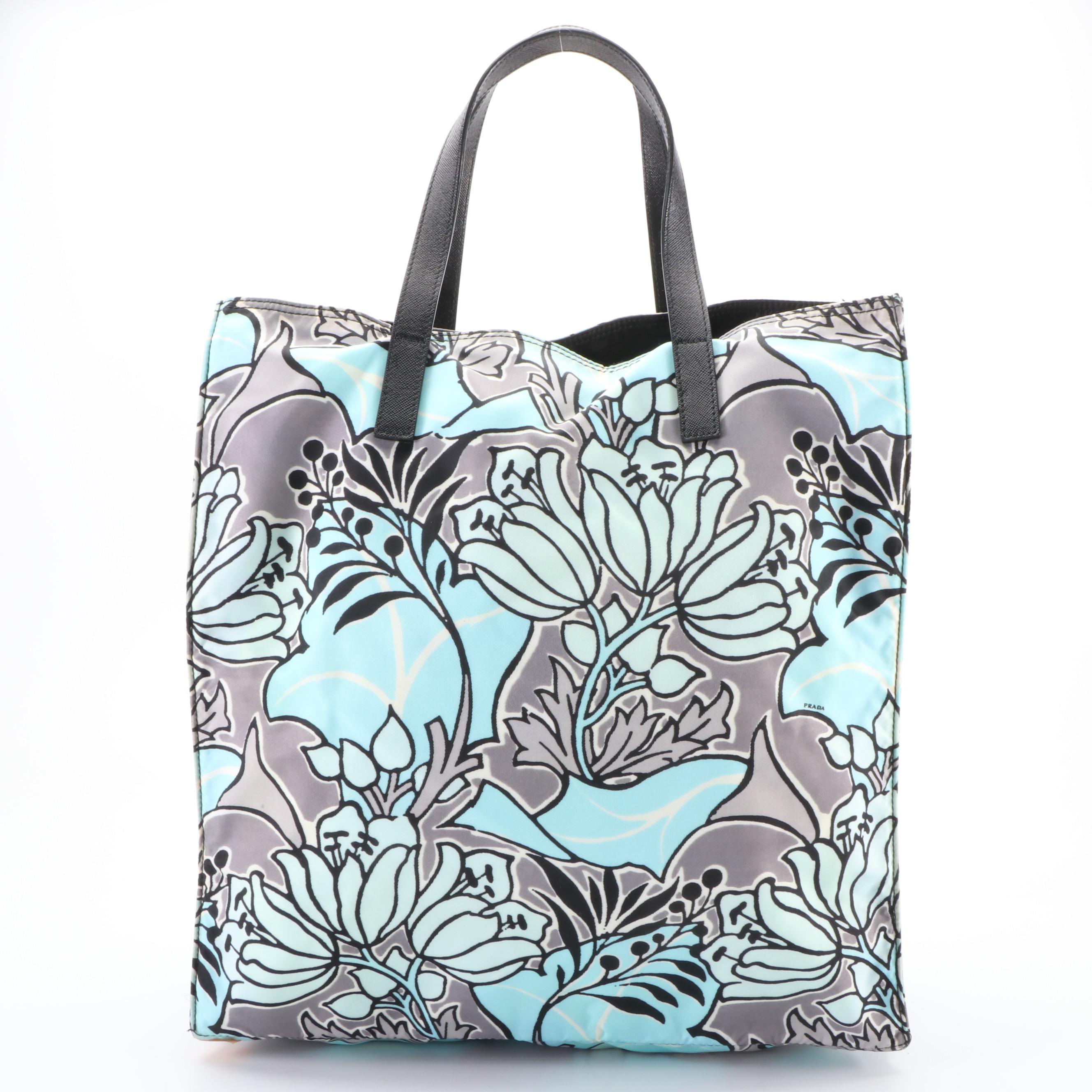 Prada Tote in Floral-Print Tessuto Nylon and Black Saffiano Leather with Strap