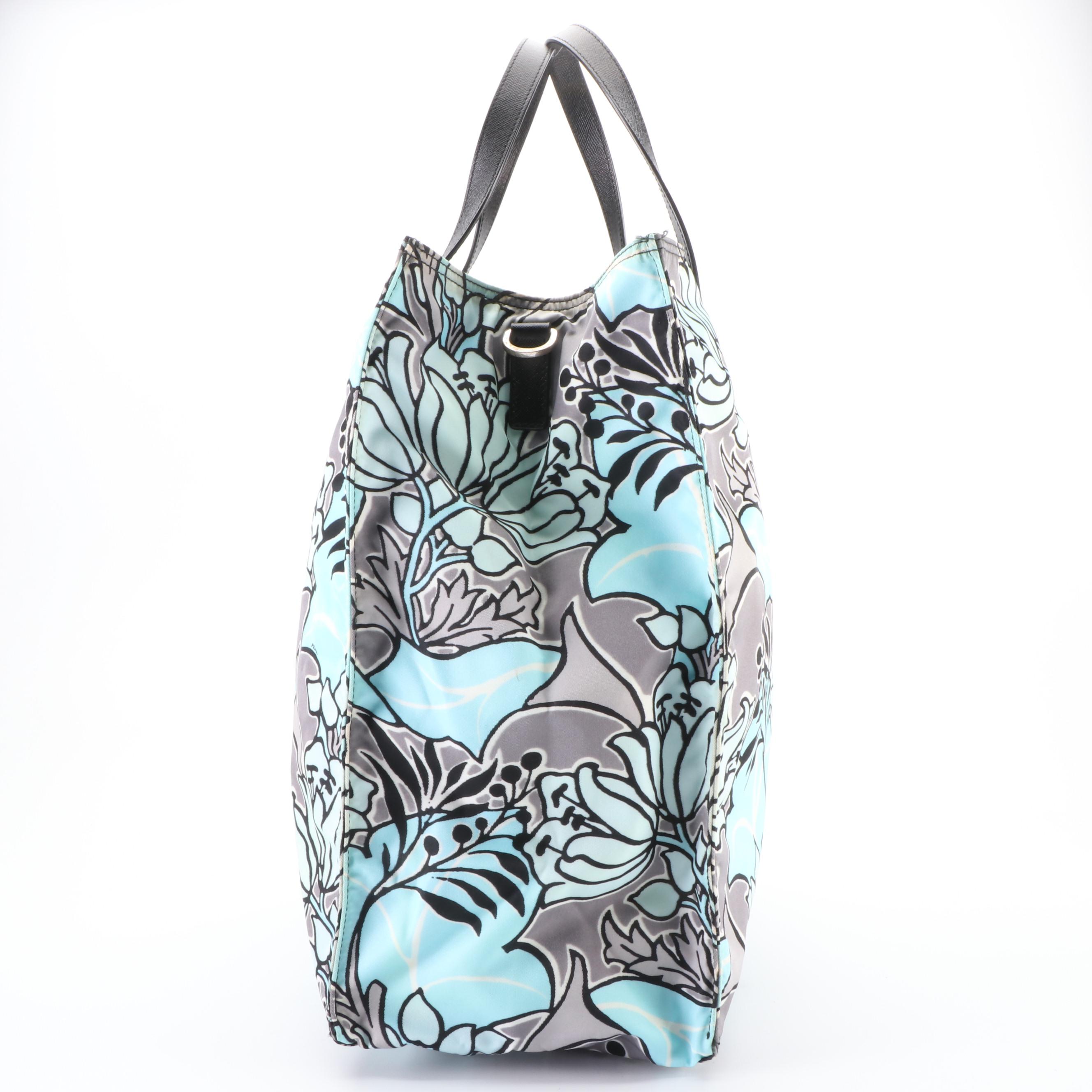 Prada Tote in Floral-Print Tessuto Nylon and Black Saffiano Leather with Strap