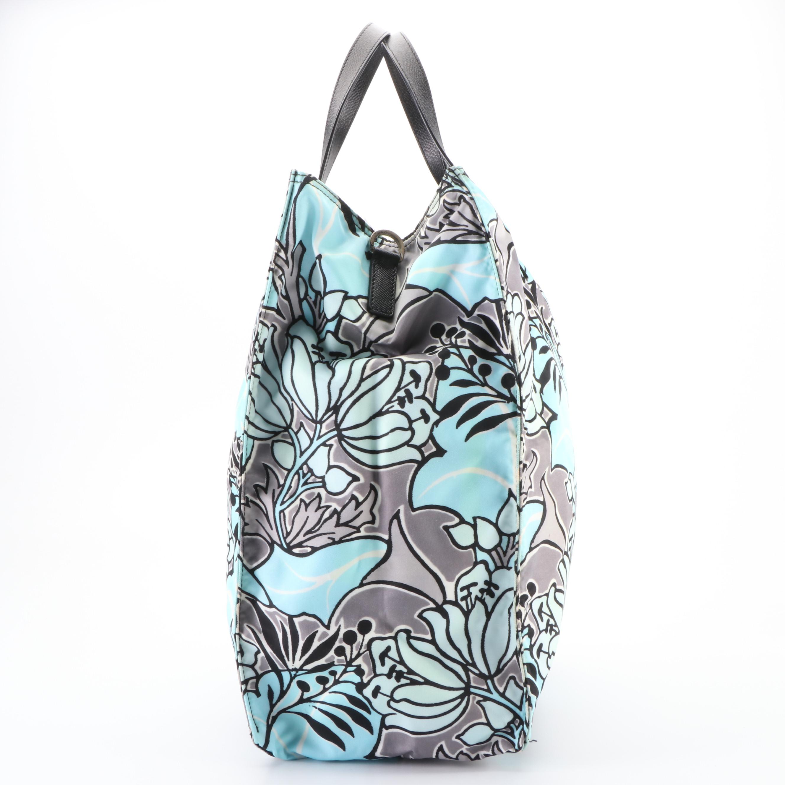 Prada Tote in Floral-Print Tessuto Nylon and Black Saffiano Leather with Strap