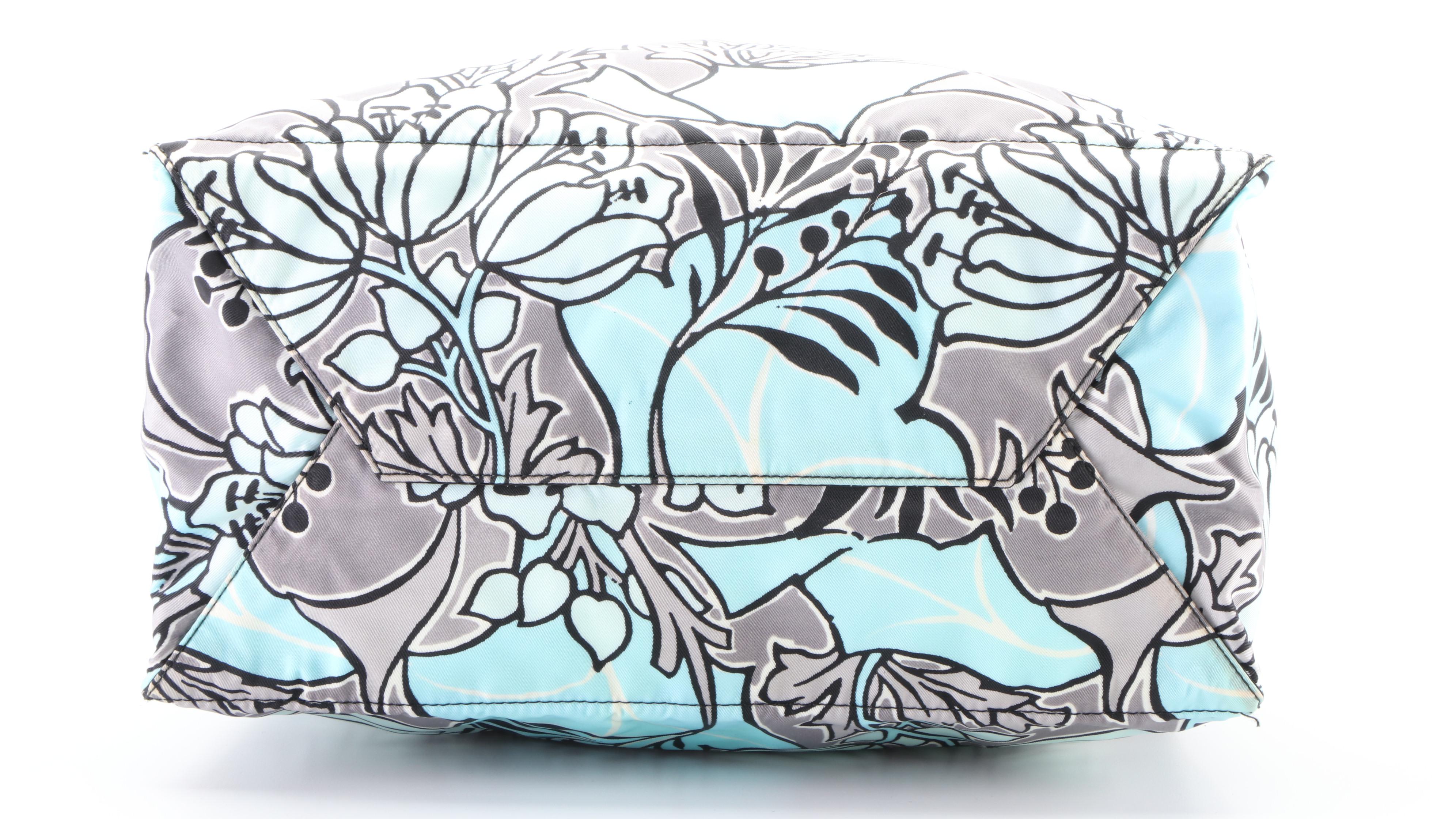 Prada Tote in Floral-Print Tessuto Nylon and Black Saffiano Leather with Strap