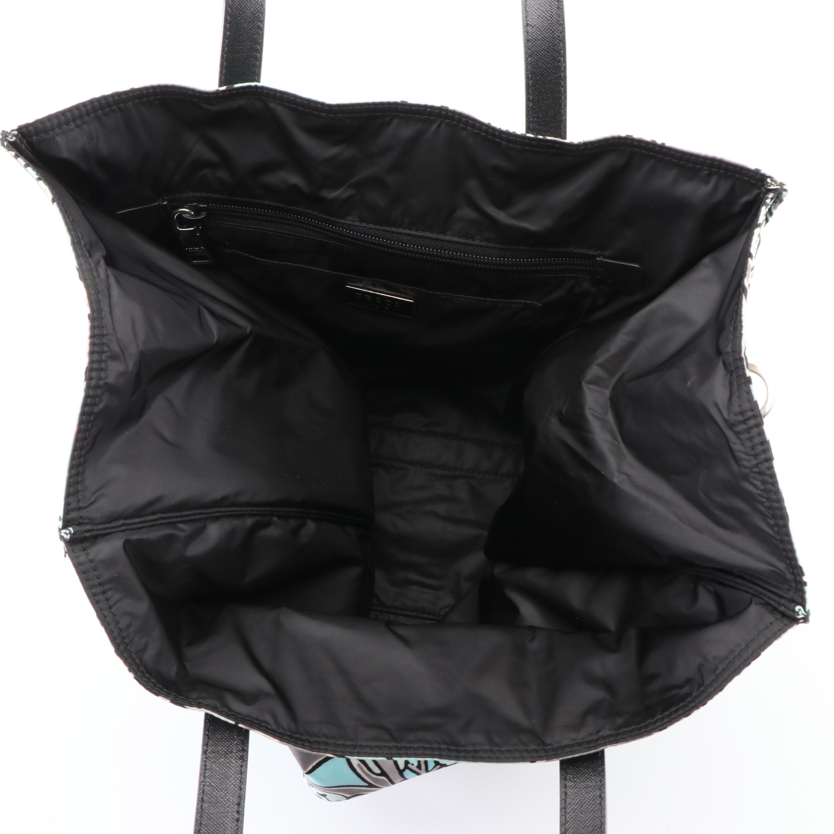 Prada Tote in Floral-Print Tessuto Nylon and Black Saffiano Leather with Strap