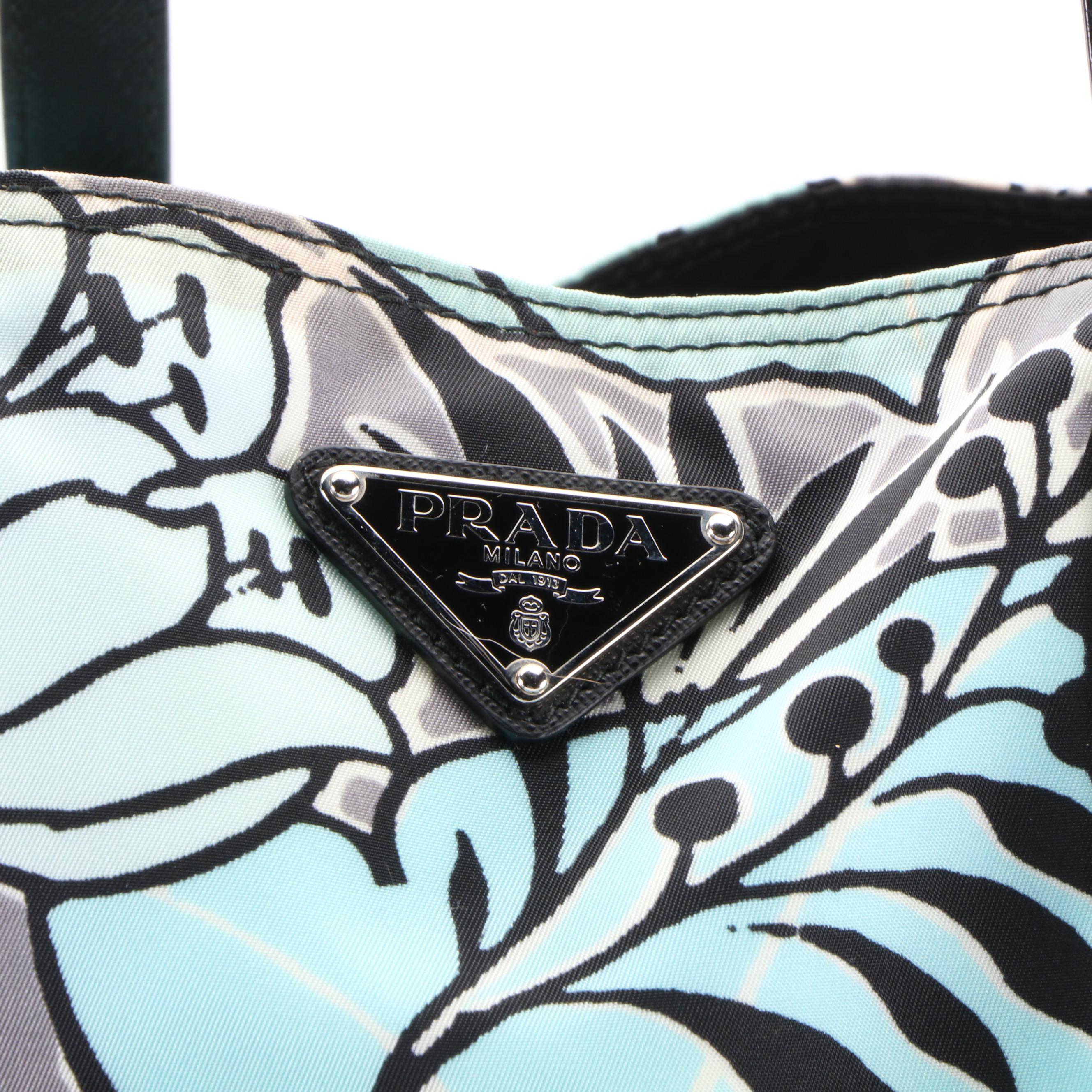 Prada Tote in Floral-Print Tessuto Nylon and Black Saffiano Leather with Strap