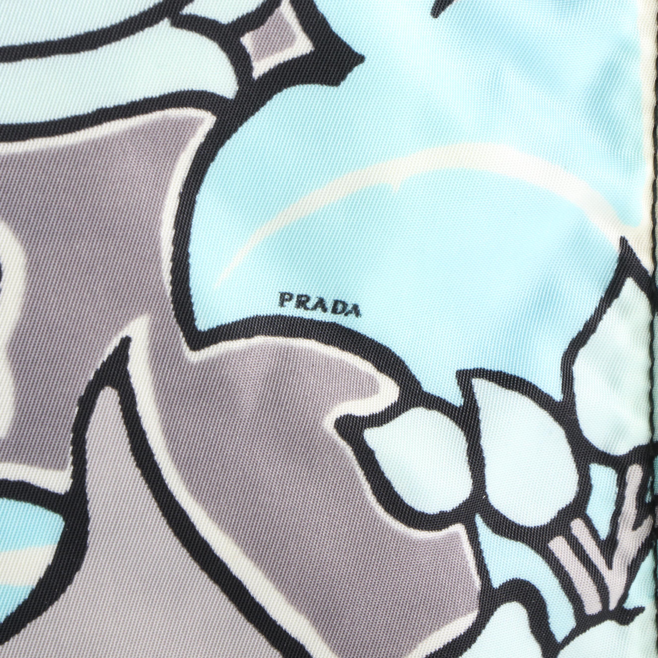 Prada Tote in Floral-Print Tessuto Nylon and Black Saffiano Leather with Strap