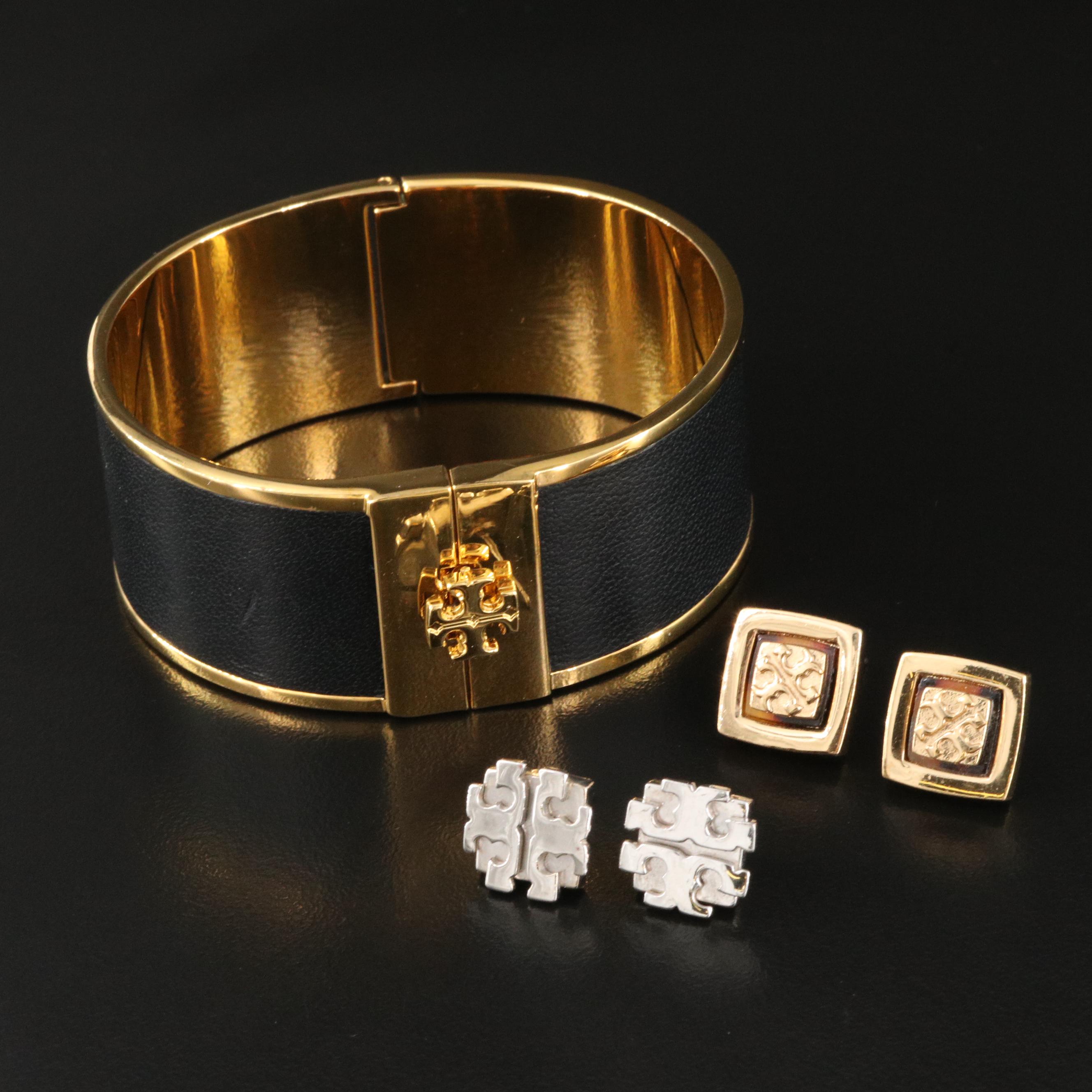 Tory Burch Leather and Enamel Hinged Bangle and Earrings