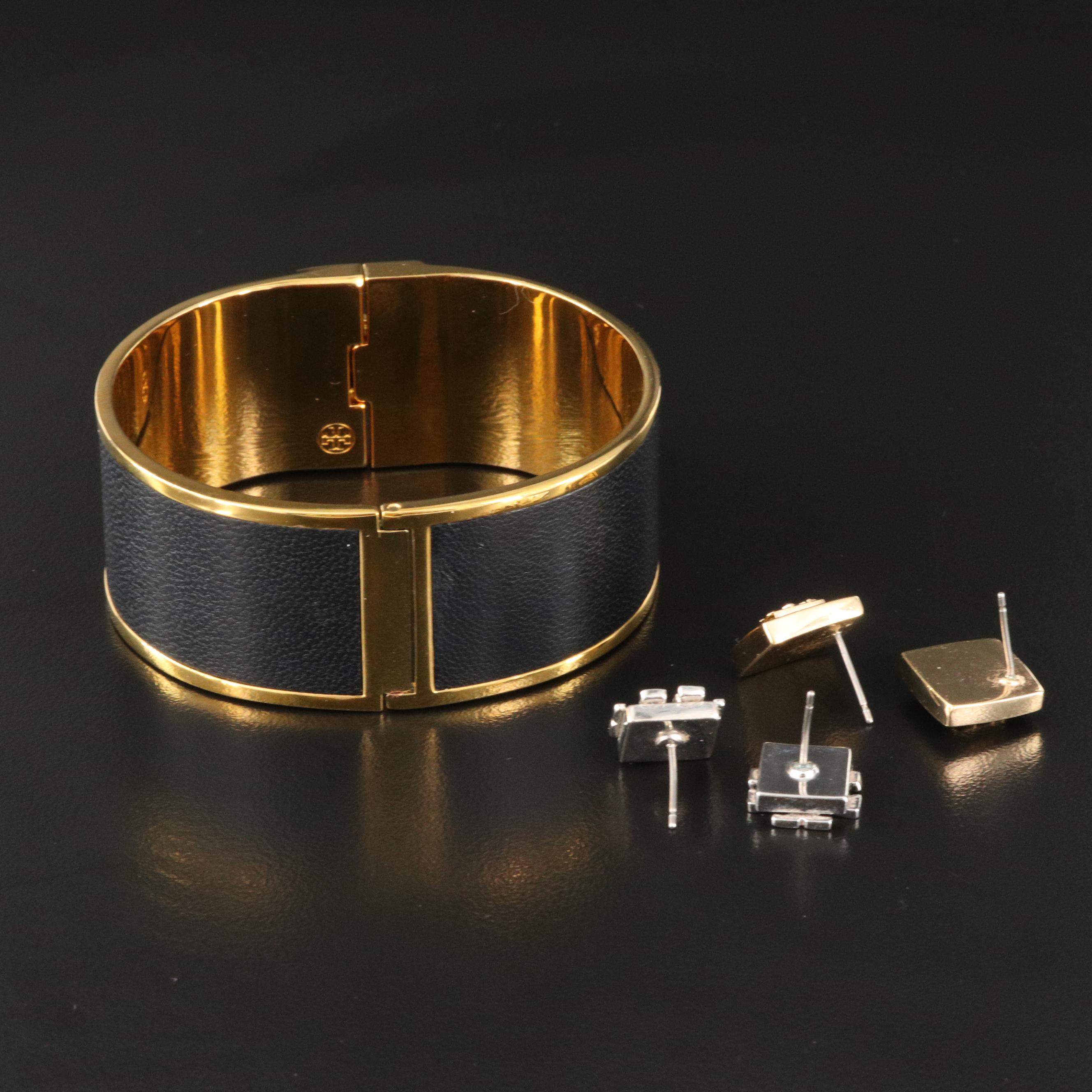 Tory Burch Leather and Enamel Hinged Bangle and Earrings
