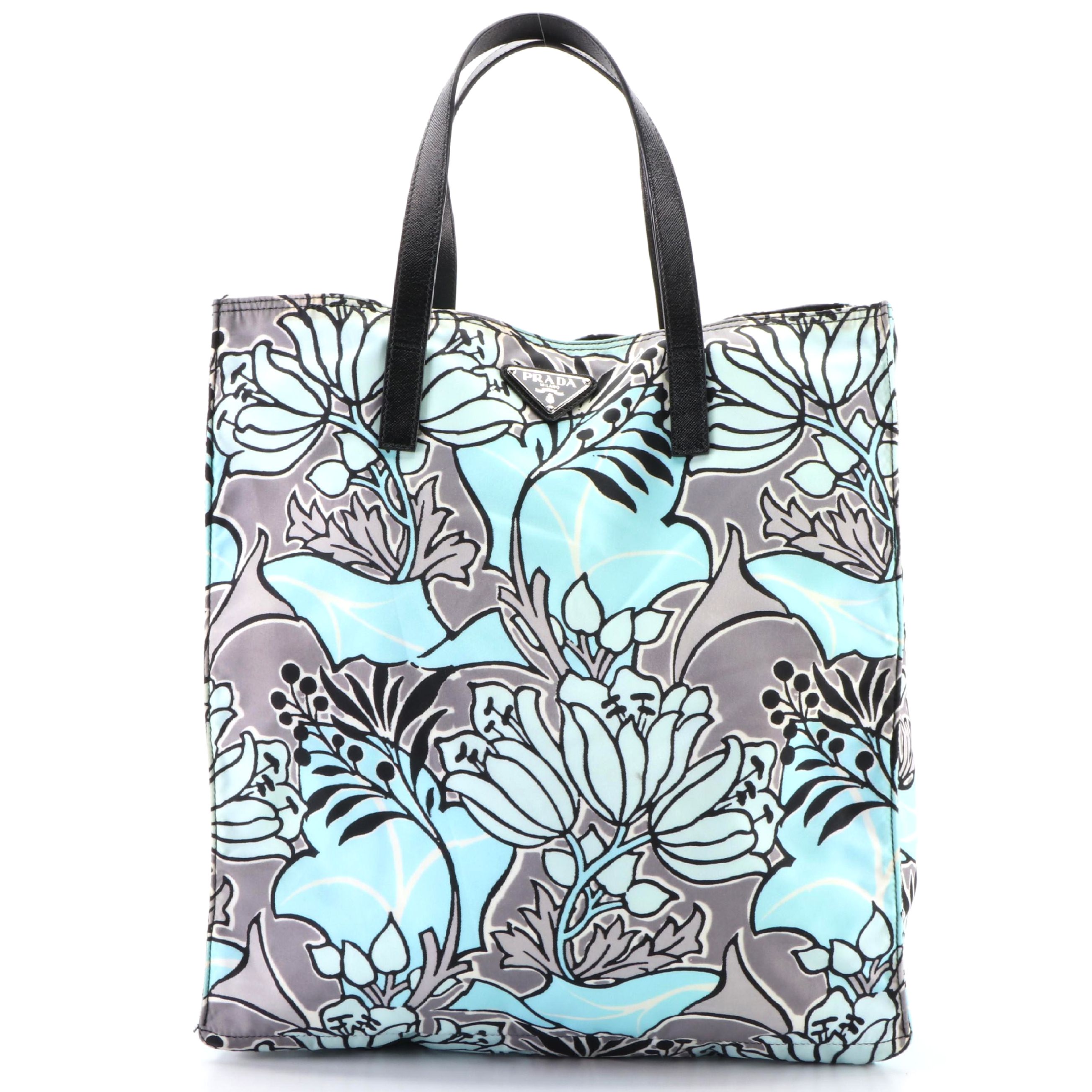 Prada Tote in Floral-Print Tessuto Nylon and Black Saffiano Leather with Strap