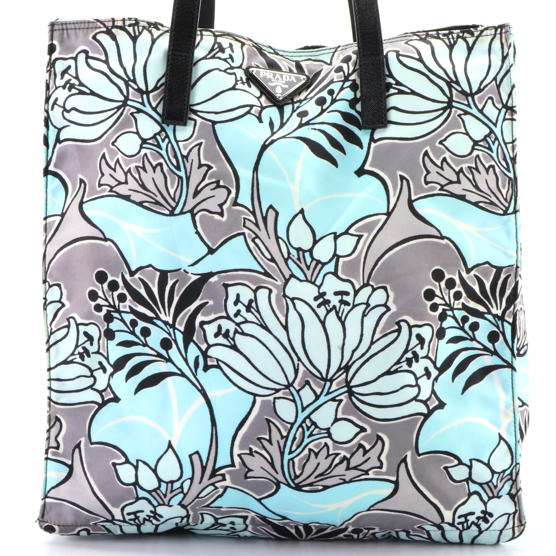 Prada Tote in Floral-Print Tessuto Nylon and Black Saffiano Leather with Strap