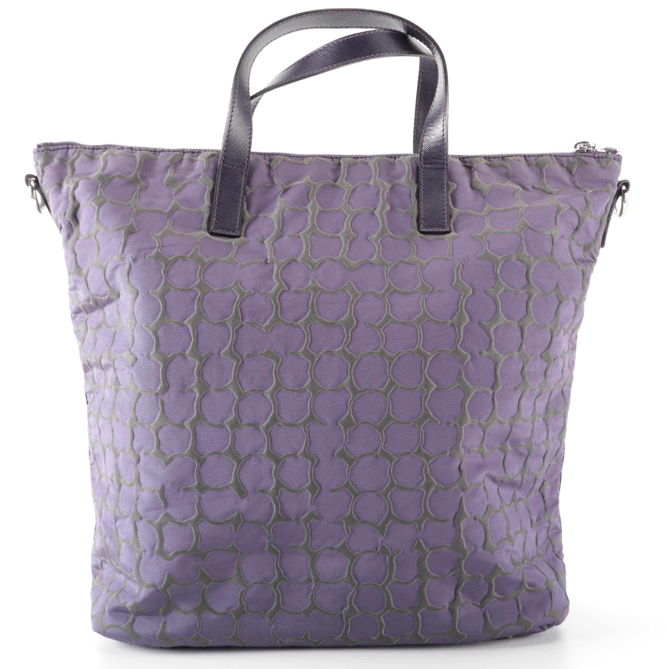 Prada Two-Way Tote Bag in Textured Stampato Tessuto Nylon and Saffiano Leather