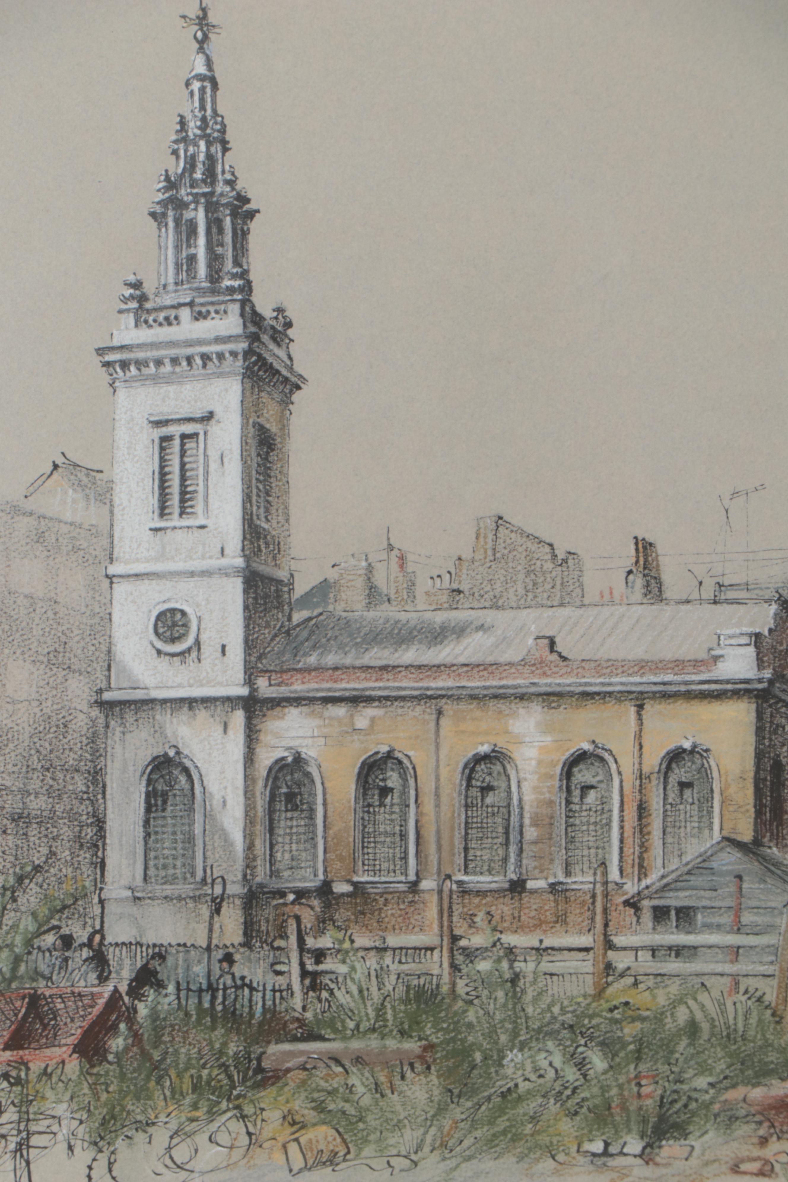 Hermione Hammond Pastel and Ink Drawing of St. Michael Paternoster Royal, 1956