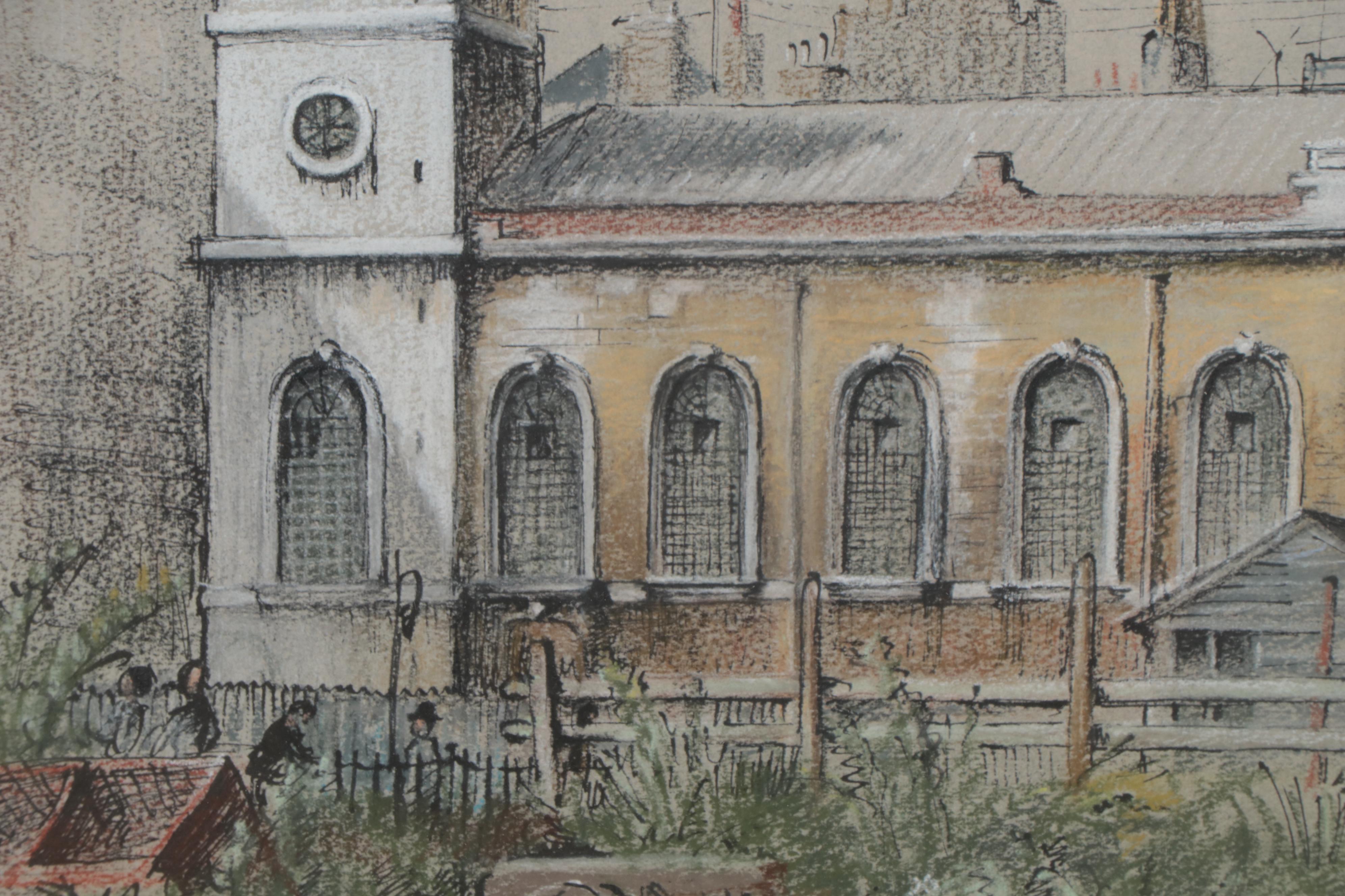 Hermione Hammond Pastel and Ink Drawing of St. Michael Paternoster Royal, 1956