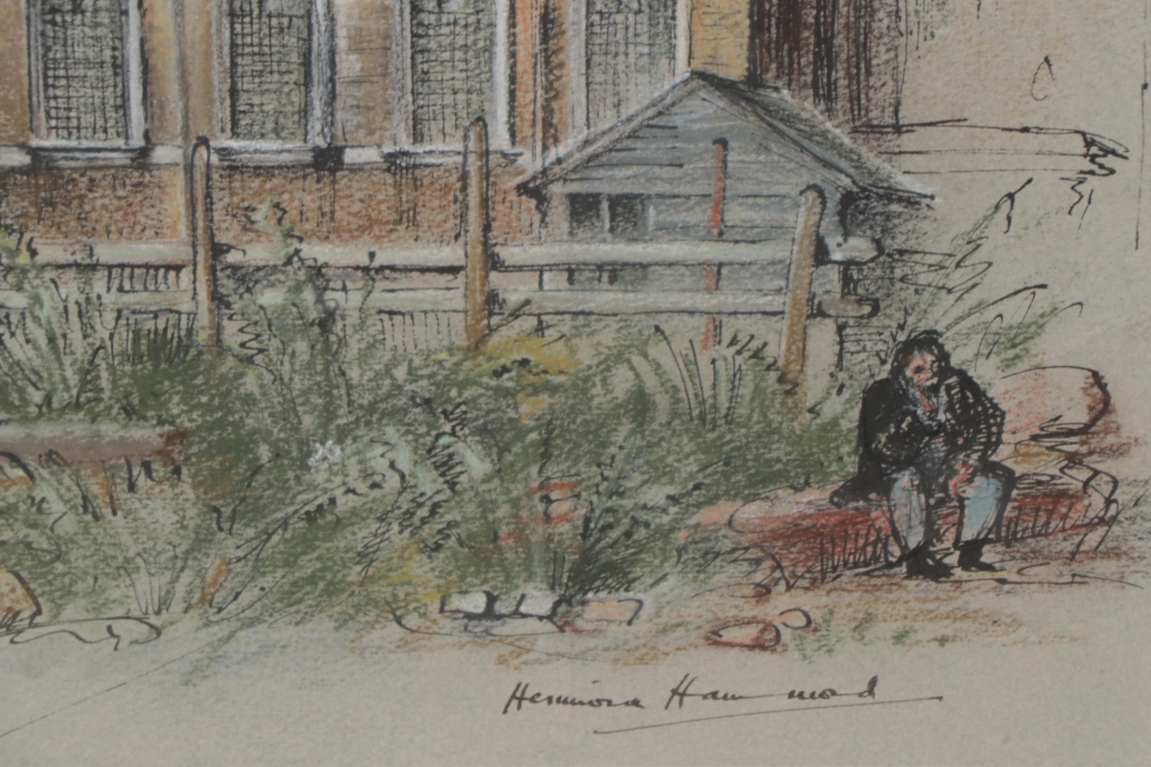 Hermione Hammond Pastel and Ink Drawing of St. Michael Paternoster Royal, 1956