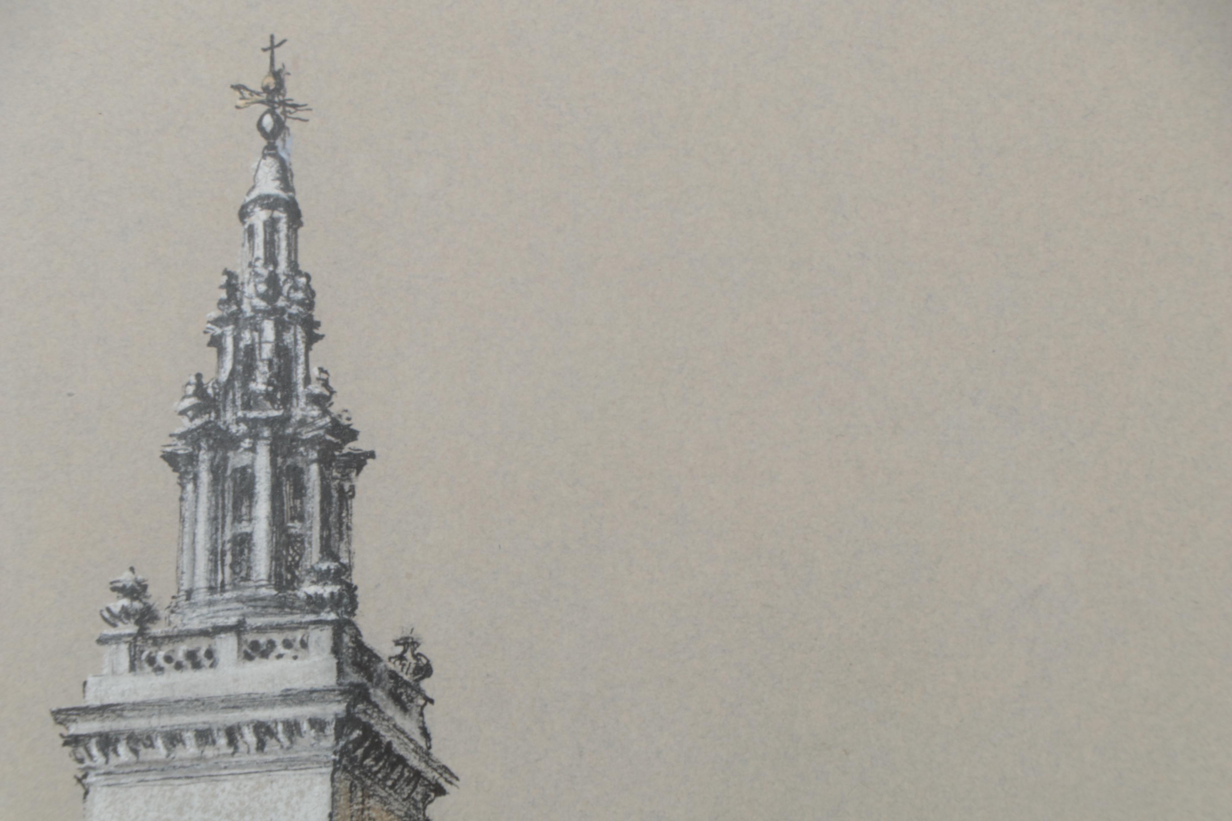 Hermione Hammond Pastel and Ink Drawing of St. Michael Paternoster Royal, 1956