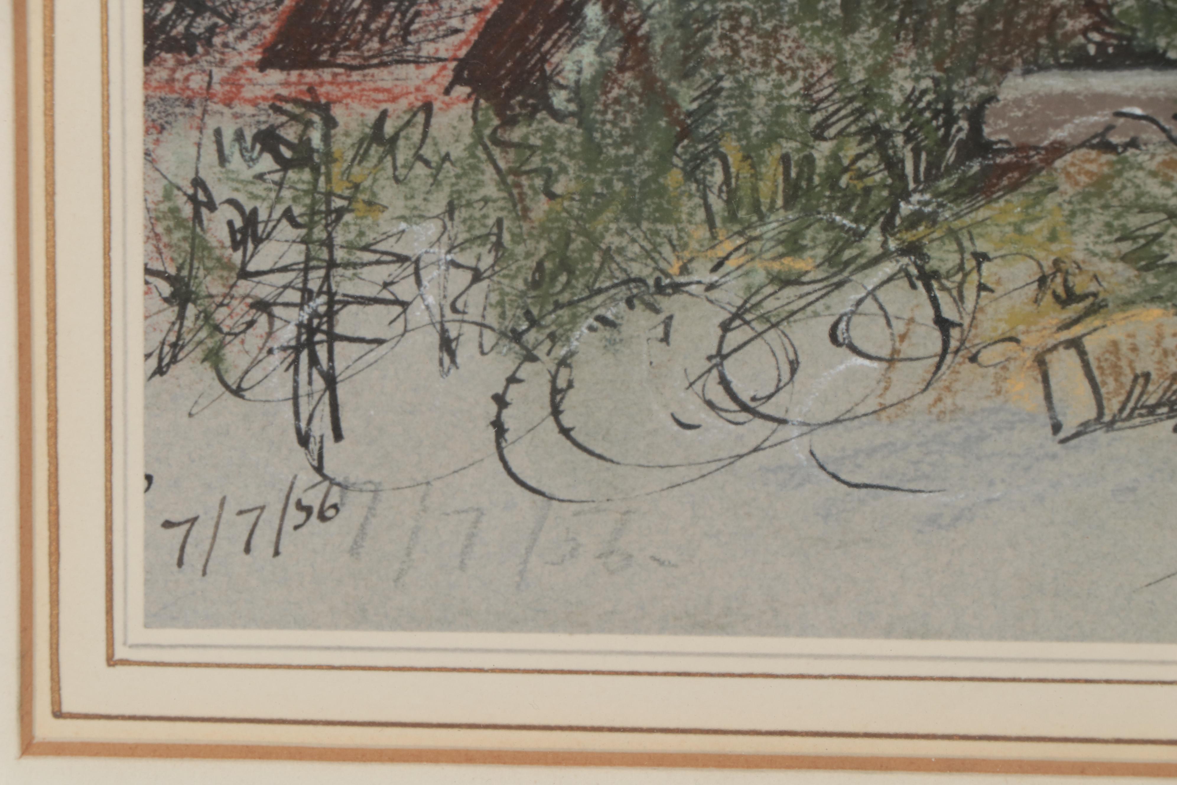 Hermione Hammond Pastel and Ink Drawing of St. Michael Paternoster Royal, 1956