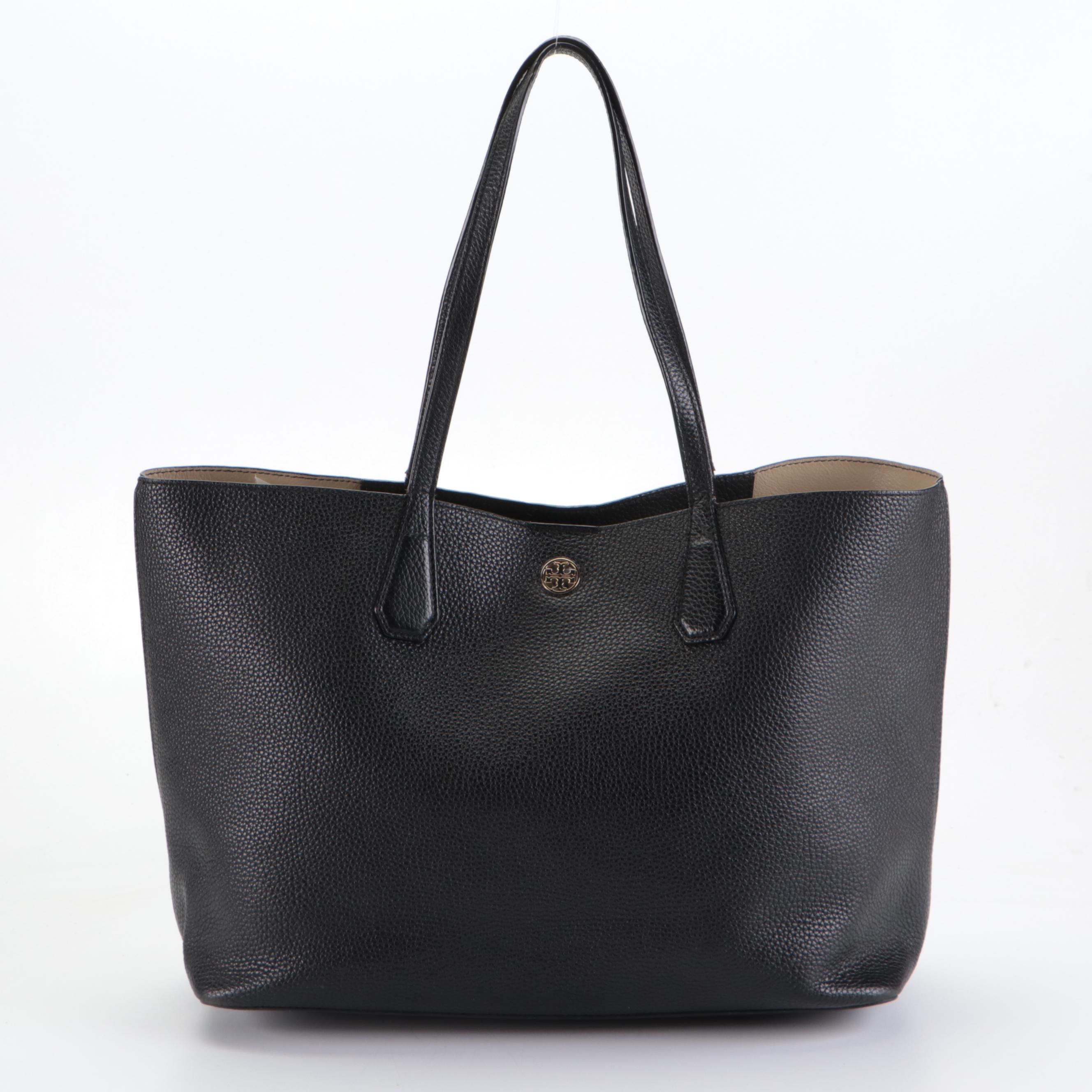 Tory Burch Tote in Black Pebbled Leather and Flap Front Crossbody Wallet