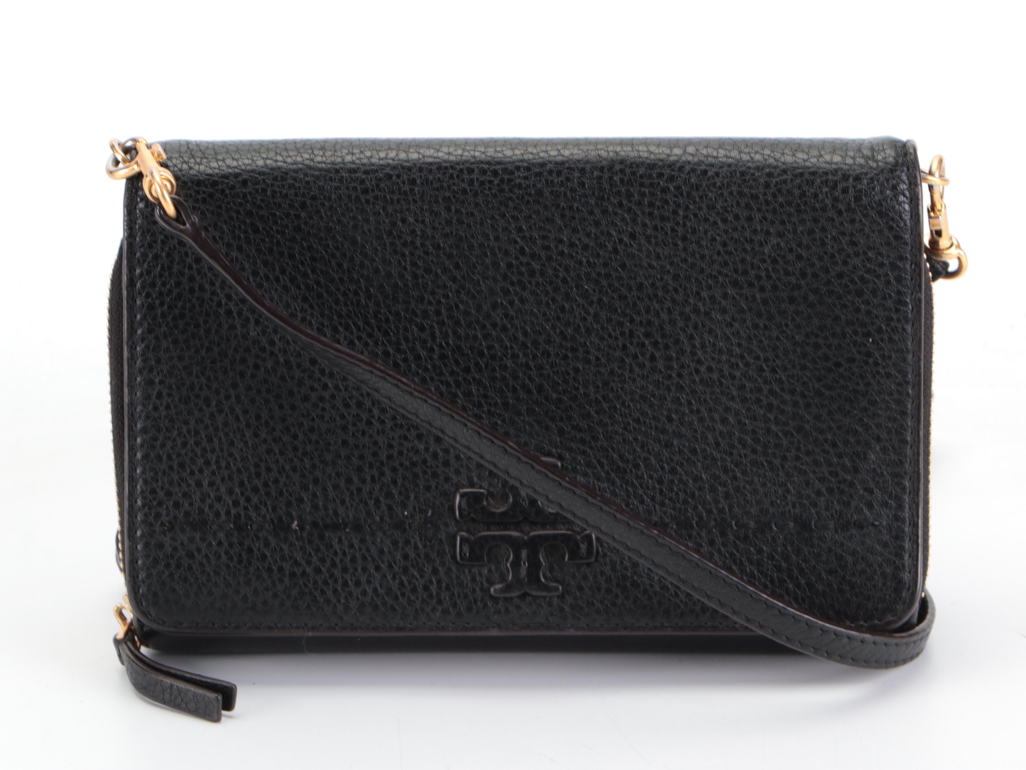 Tory Burch Tote in Black Pebbled Leather and Flap Front Crossbody Wallet