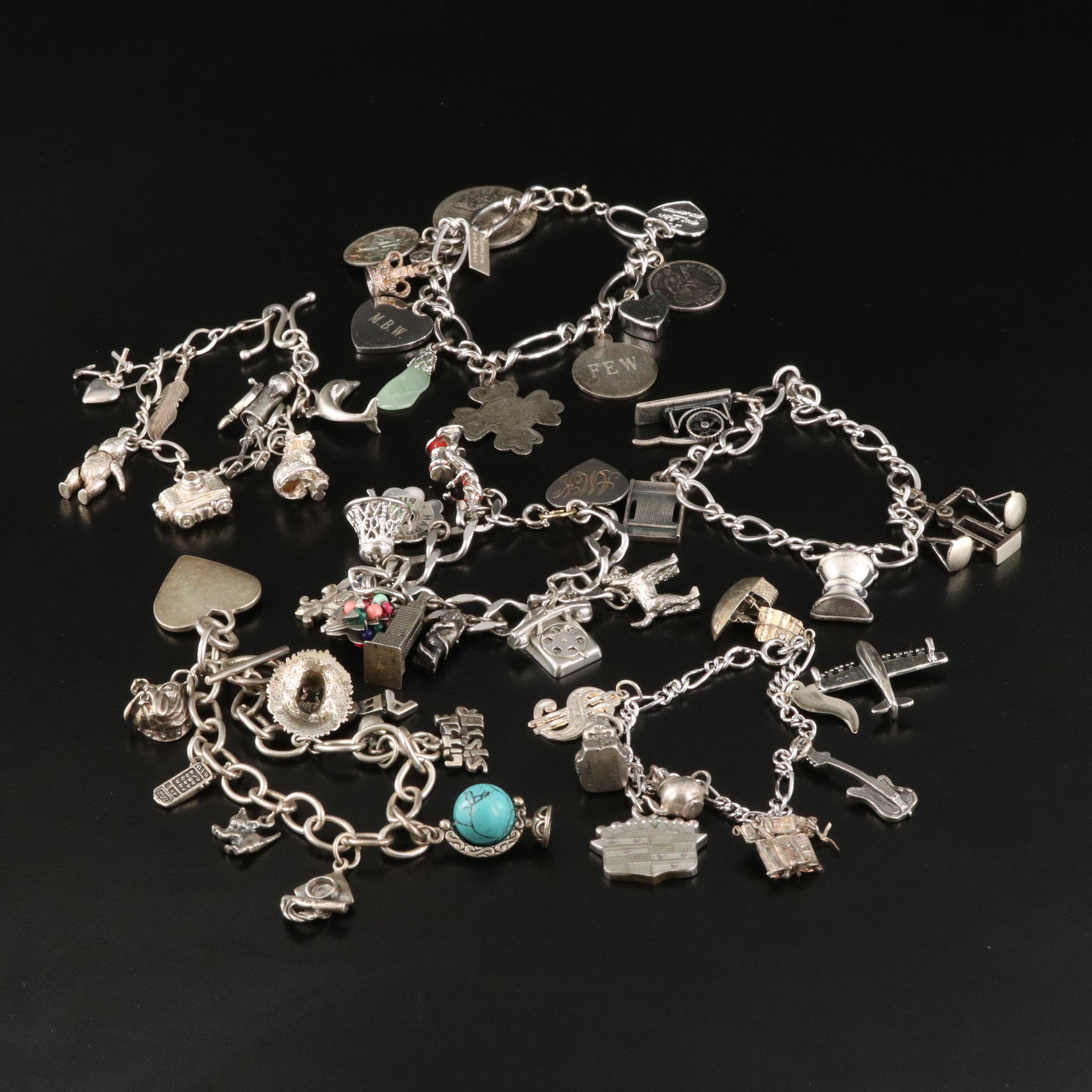 Vintage Charm Bracelets Including Sterling, Jadeite and Howlite