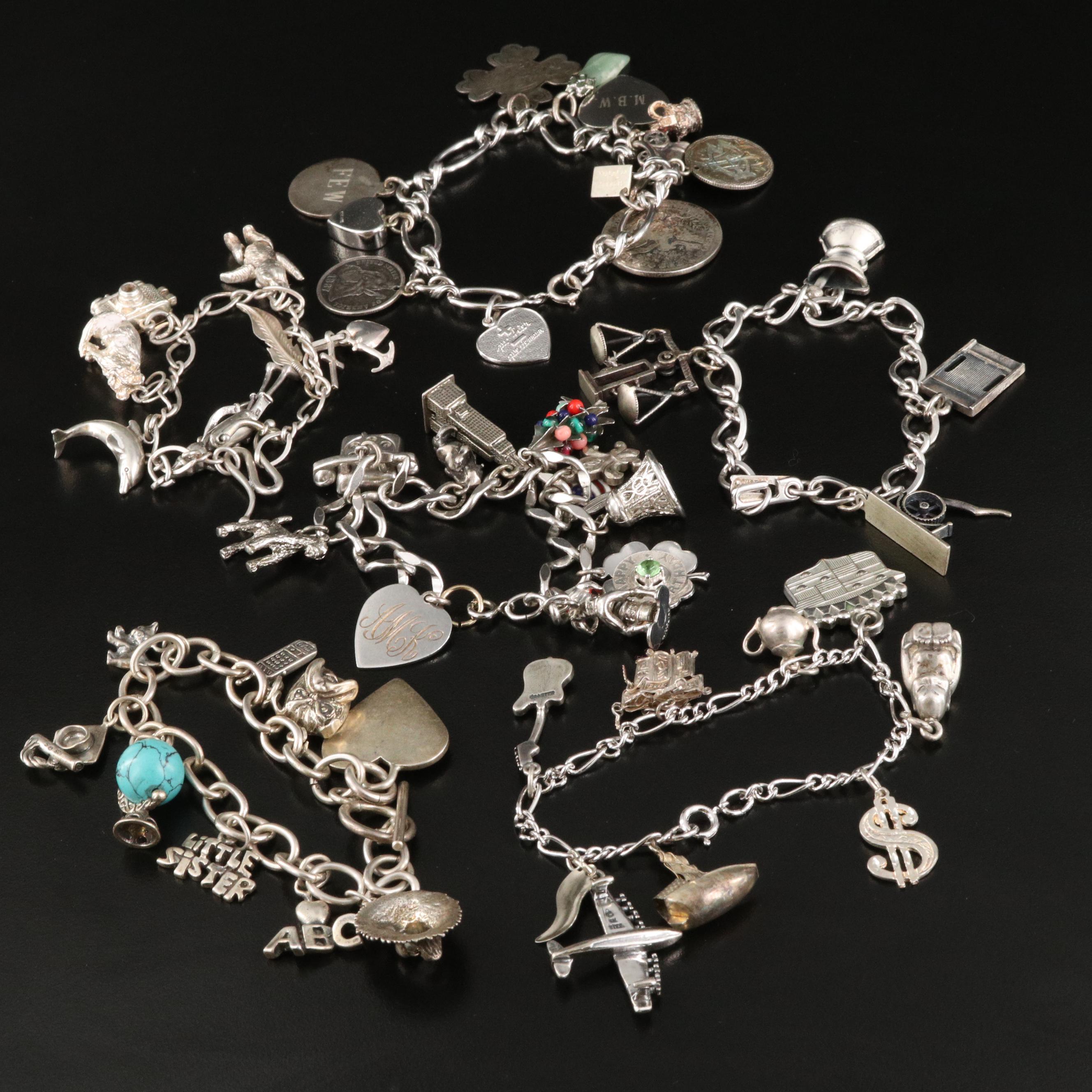 Vintage Charm Bracelets Including Sterling, Jadeite and Howlite