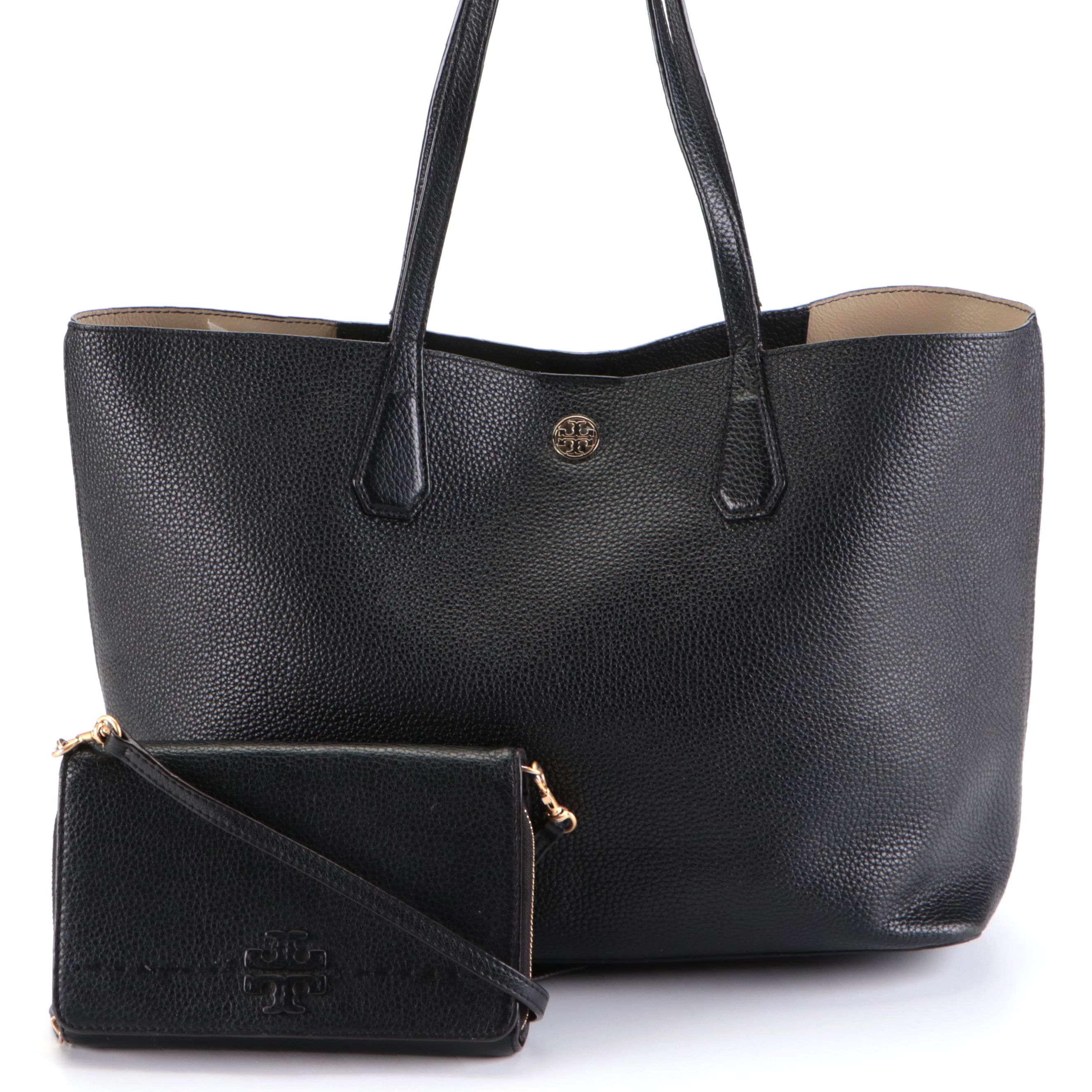 Tory Burch Tote in Black Pebbled Leather and Flap Front Crossbody Wallet