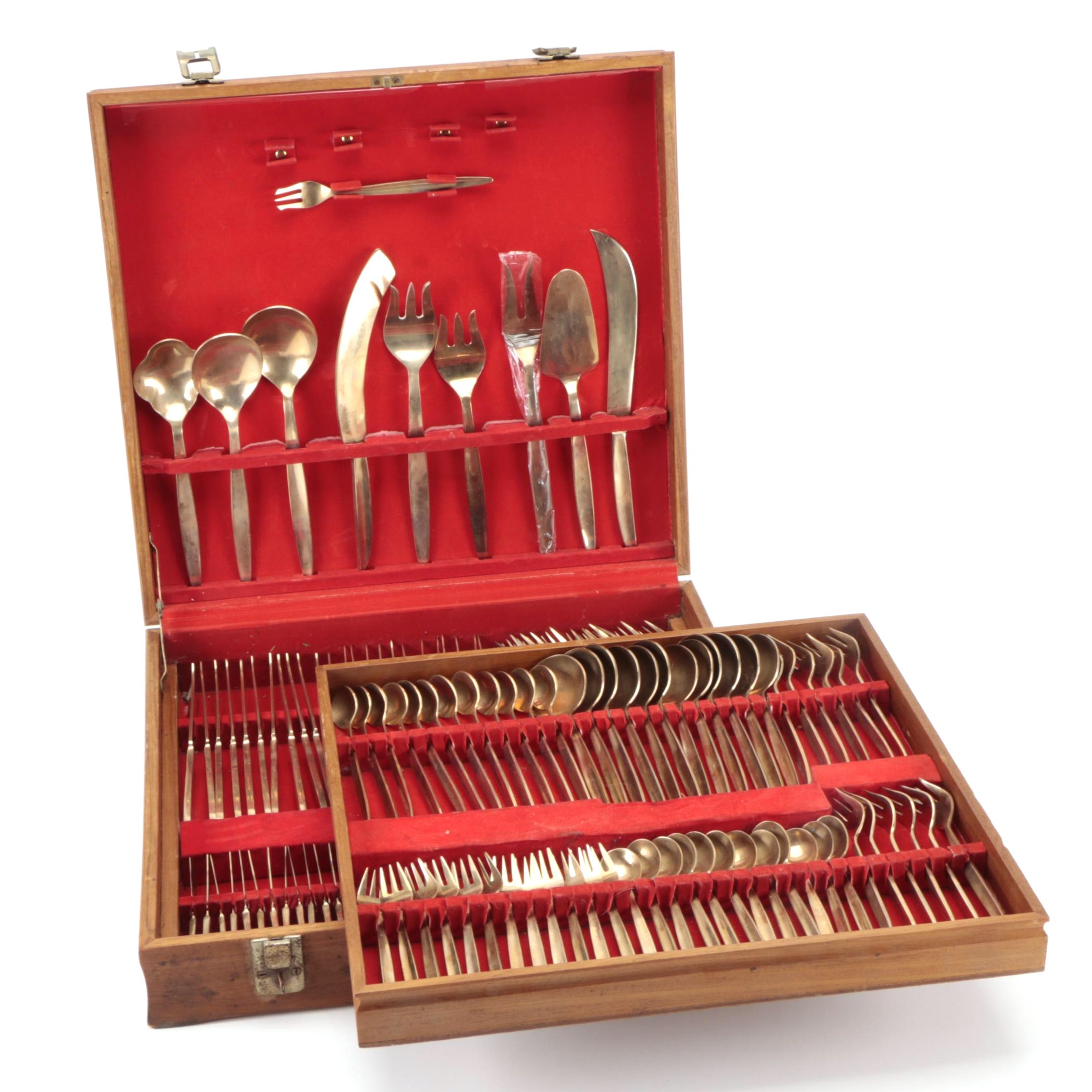 Thai Brass Flatware and Serving Utensils in Case