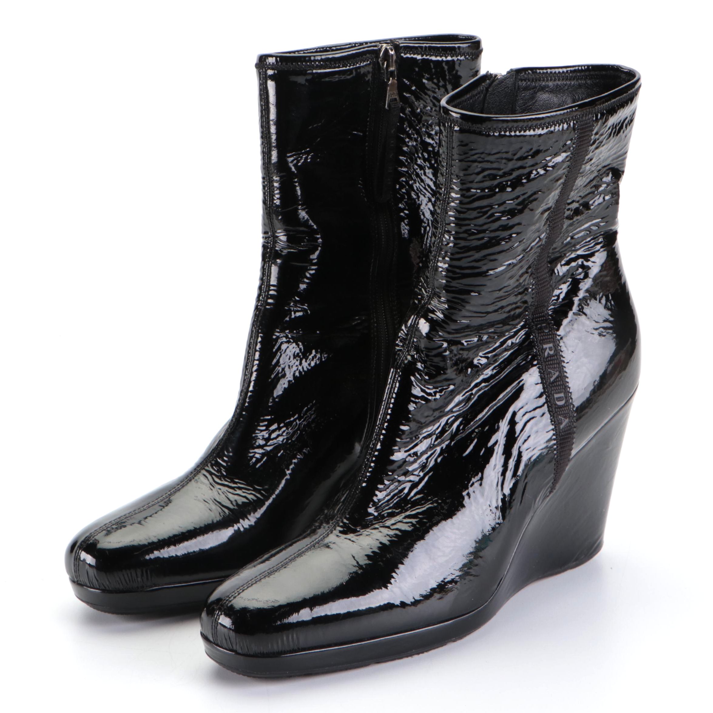 Prada Linea Rossa Crinkle Patent Leather Wedge Boots