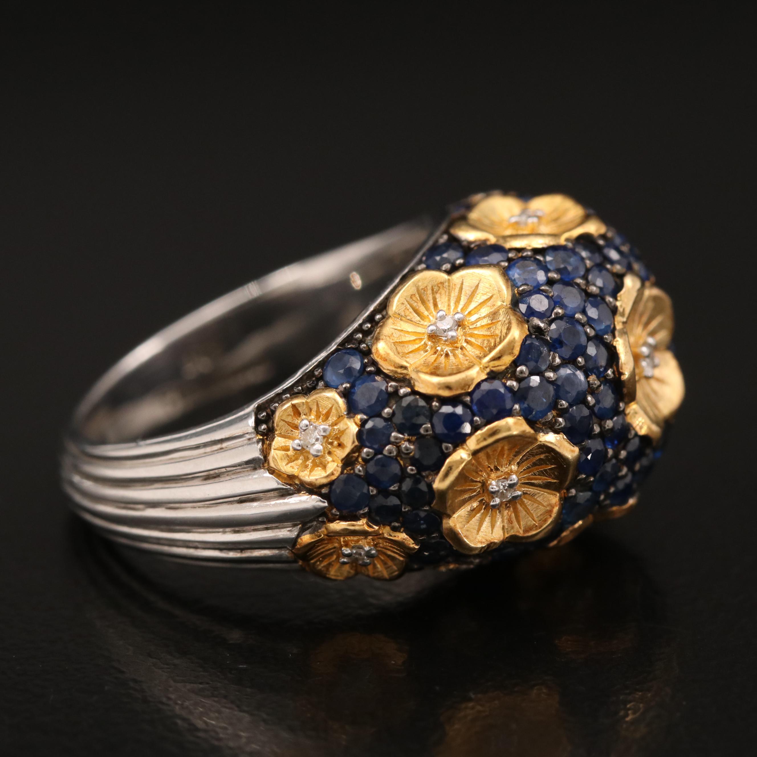 Steven Dweck Sterling Diamond and Pavé Sapphire Floral Ring