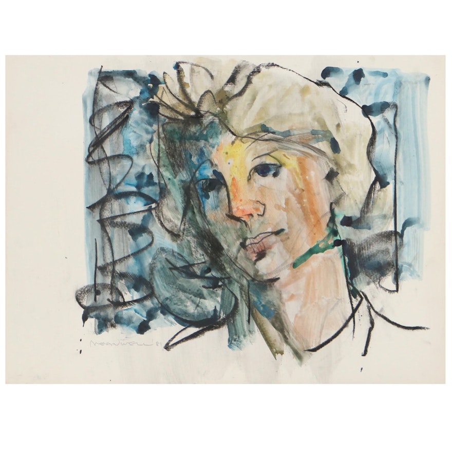 Jack Meanwell Expressionist Portrait Mixed Media Painting, 1981
