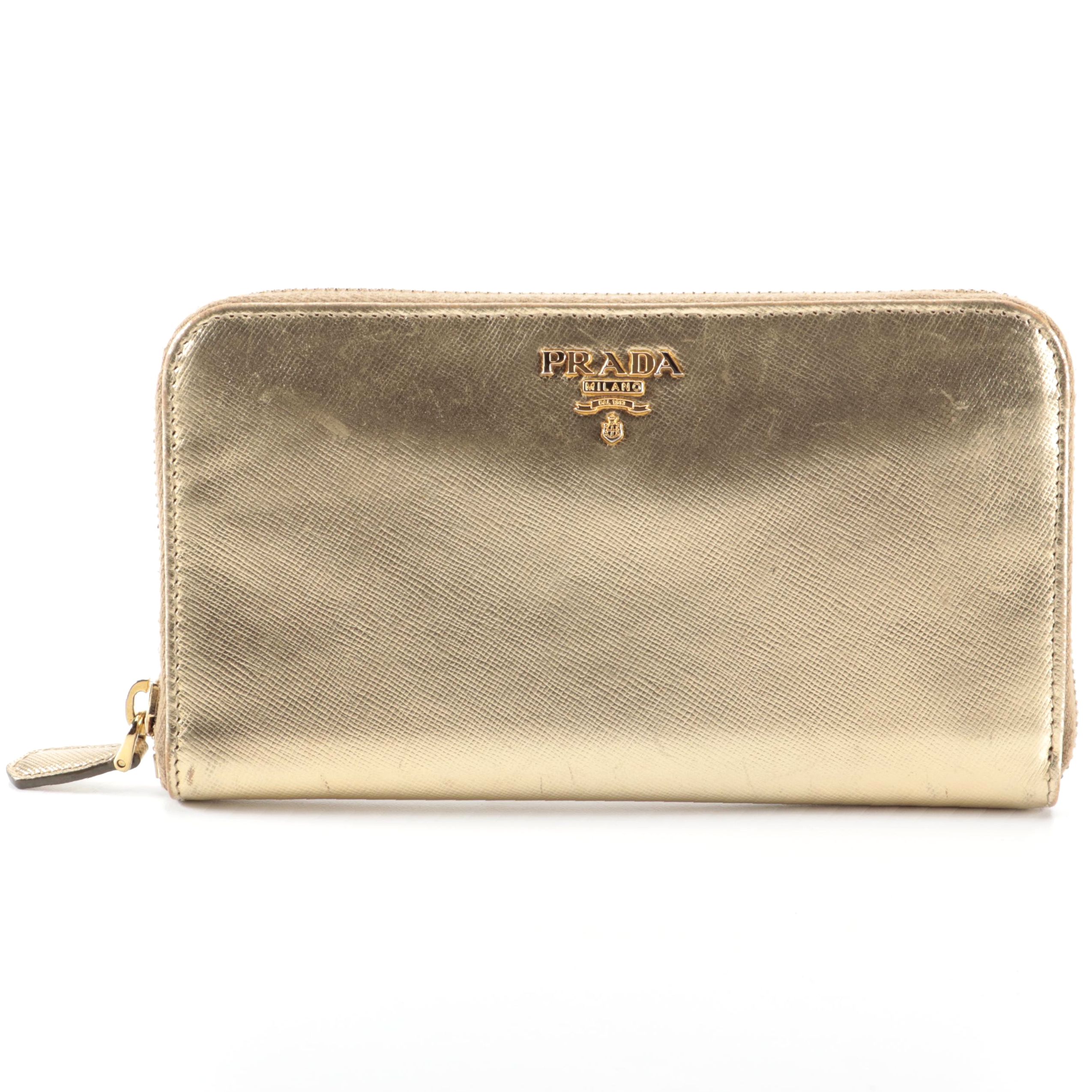 Prada Zip-Around Wallet in Gold Metallic Saffiano Leather