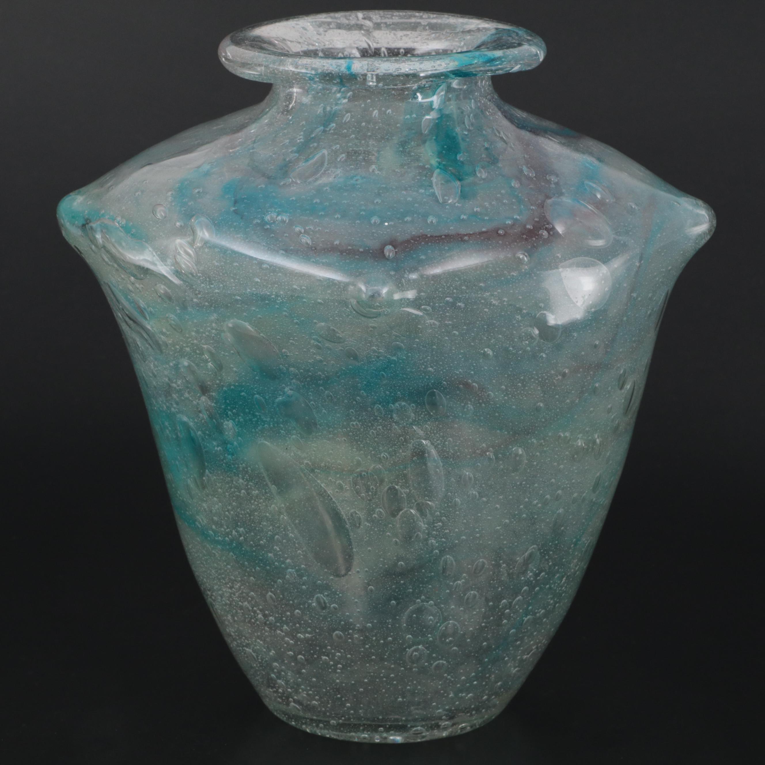 Charles Schneider "Ecaille" Blue Green with Internal Bubbles Glass Vase, 1920s
