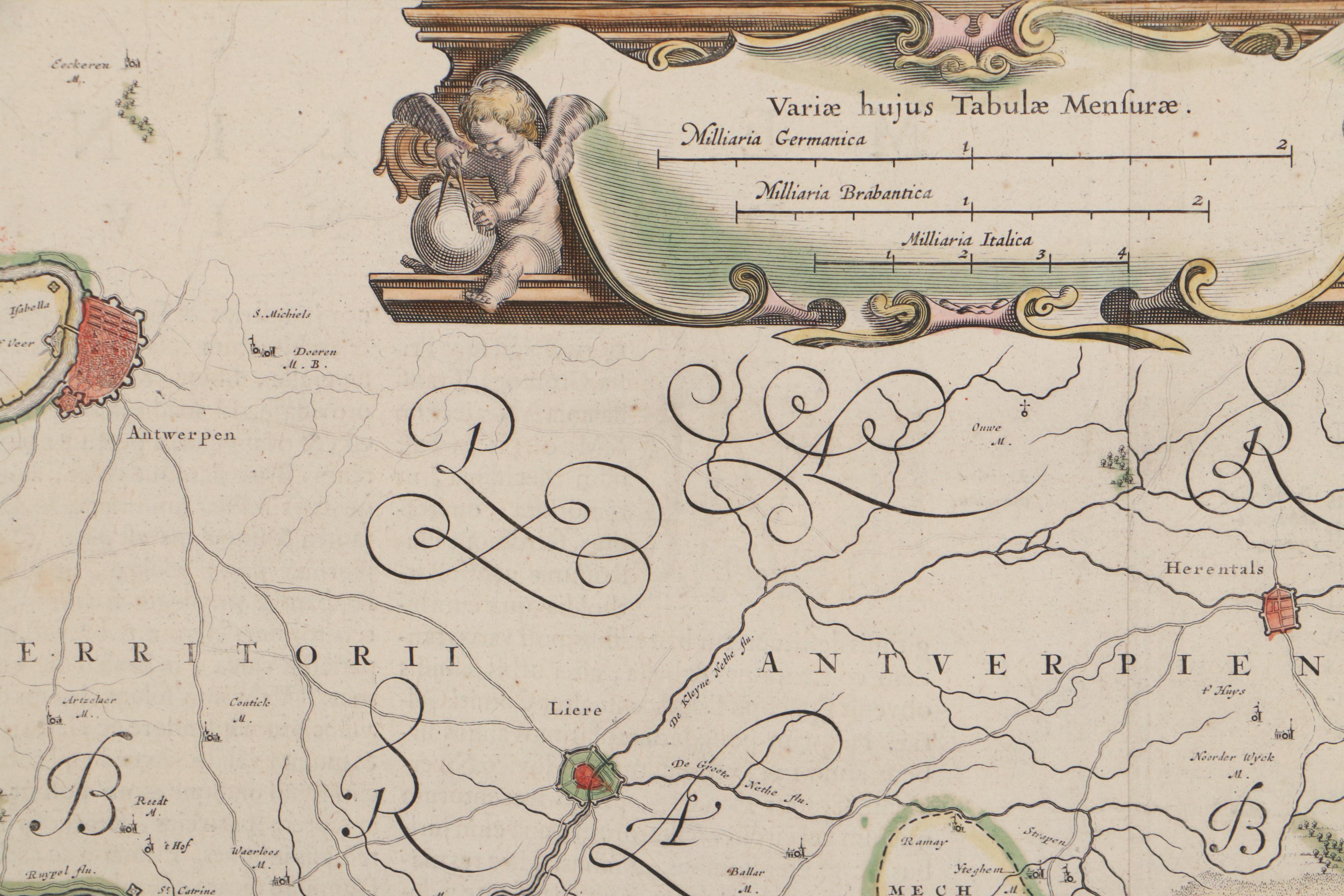 Willem Janszoon Blaeu Hand-Colored Engraving Map of Belgium, Late 17th Century