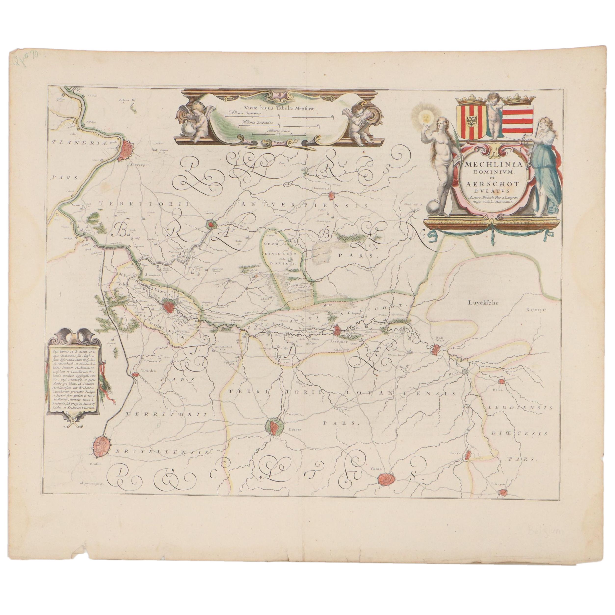 Willem Janszoon Blaeu Hand-Colored Engraving Map of Belgium, Late 17th Century