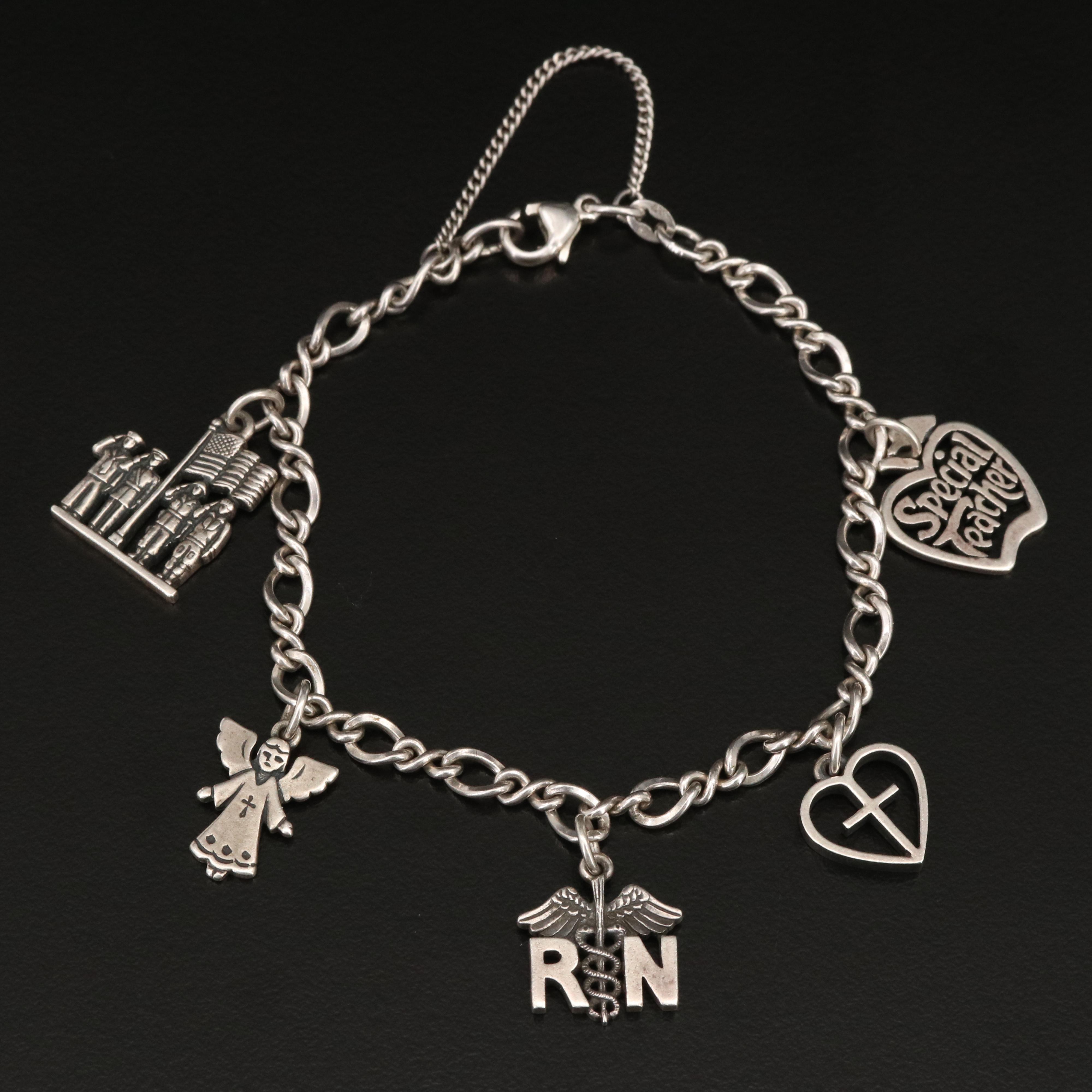 James Avery Sterling Charm Bracelet with Religious and Military Charms