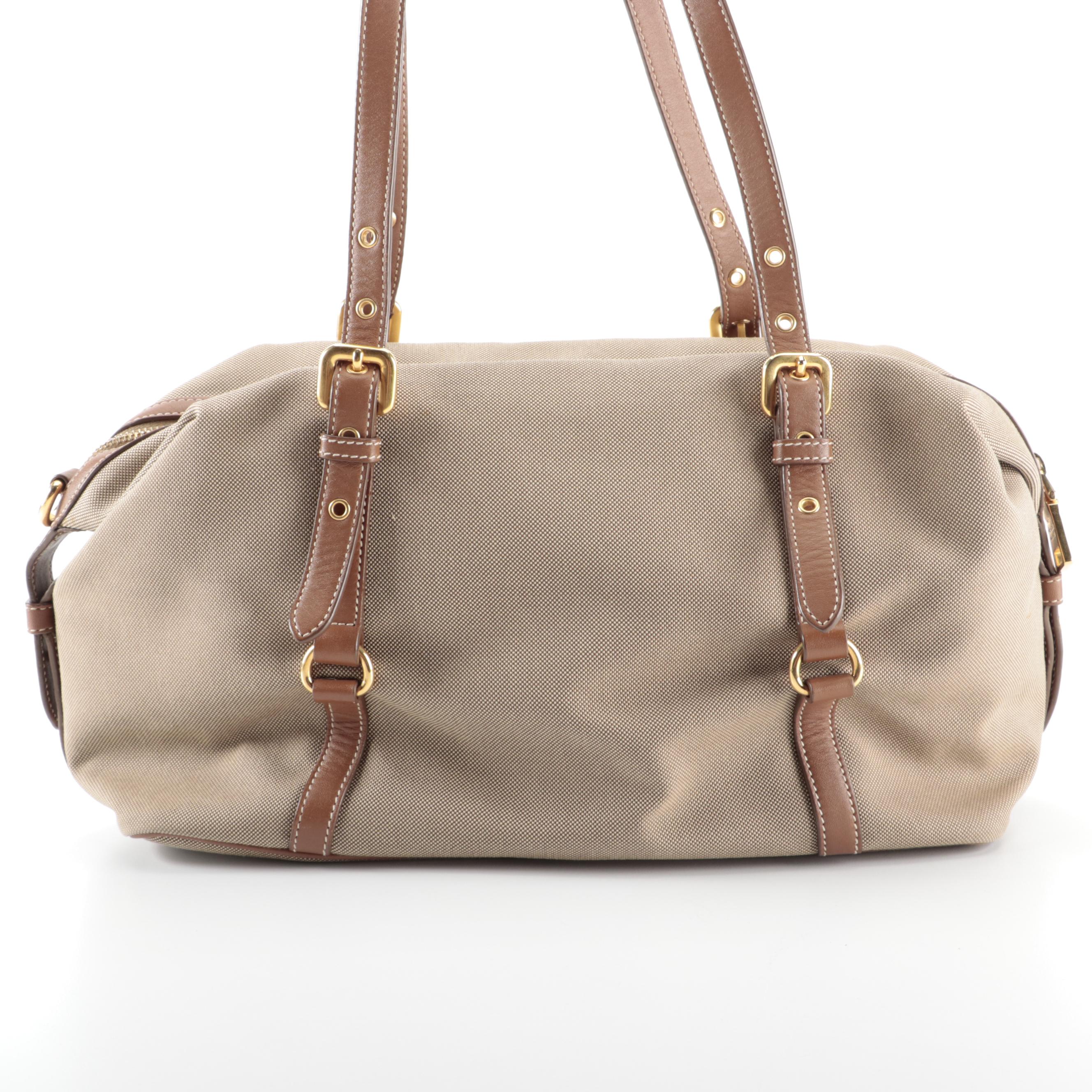 Prada Medium Bauletto Shoulder Bag in Logo Canvas with Brown Leather Trim