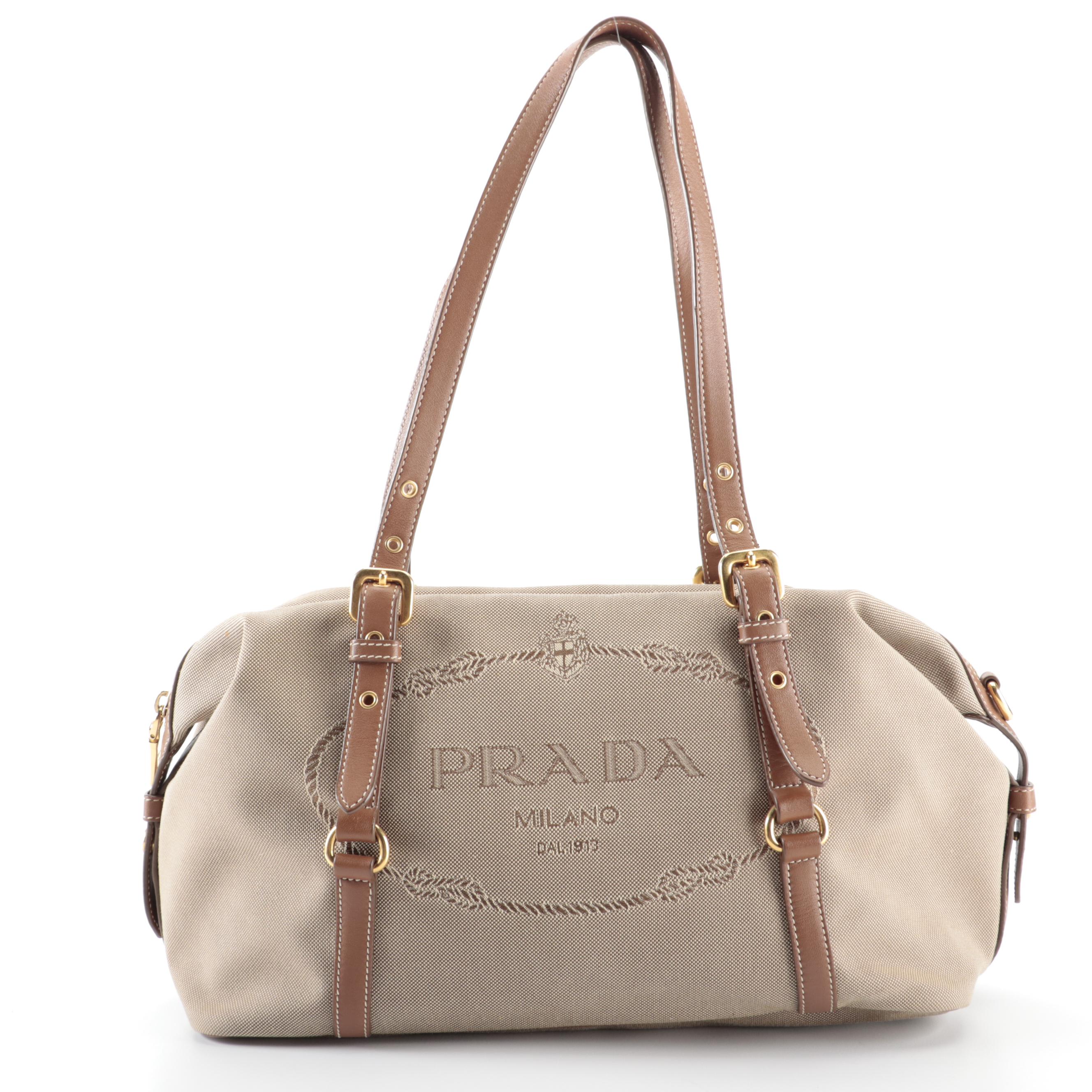 Prada Medium Bauletto Shoulder Bag in Logo Canvas with Brown Leather Trim