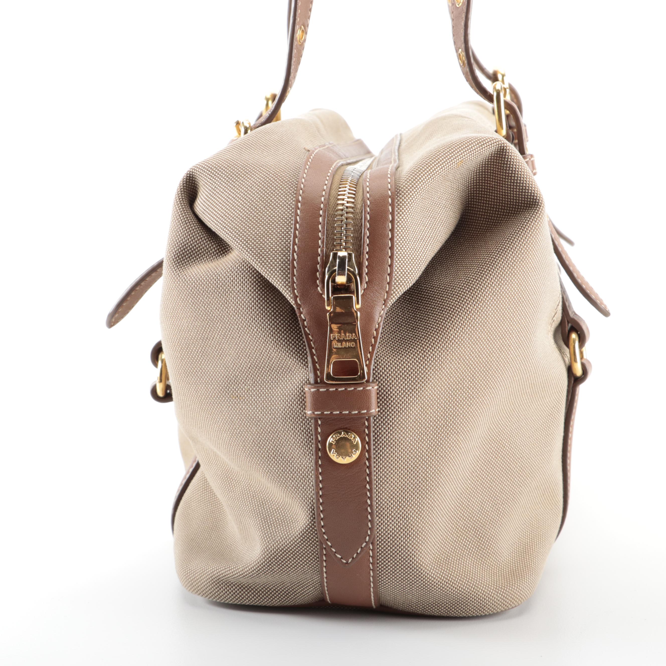 Prada Medium Bauletto Shoulder Bag in Logo Canvas with Brown Leather Trim