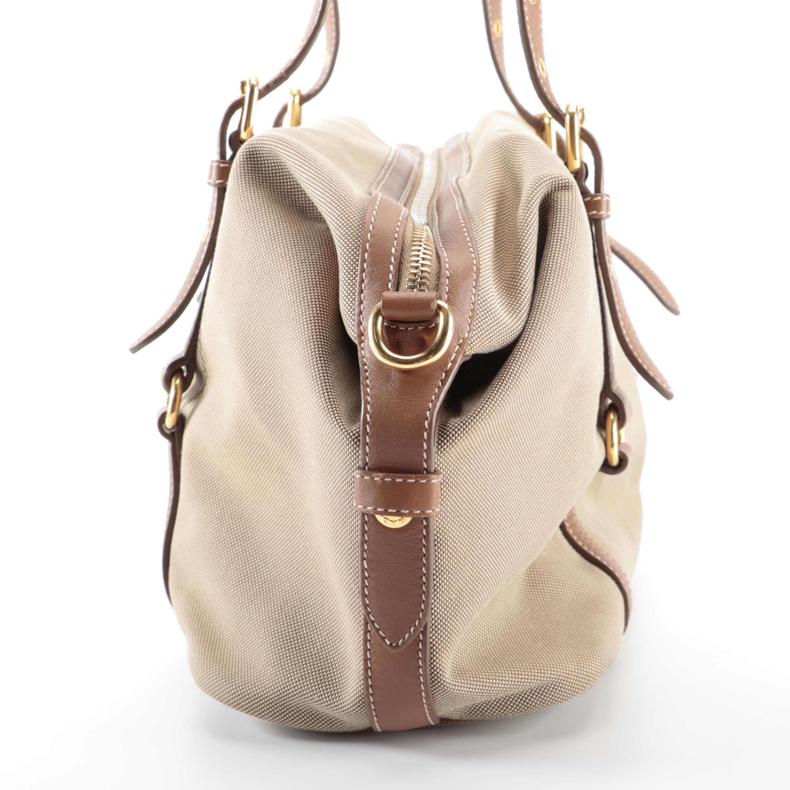 Prada Medium Bauletto Shoulder Bag in Logo Canvas with Brown Leather Trim