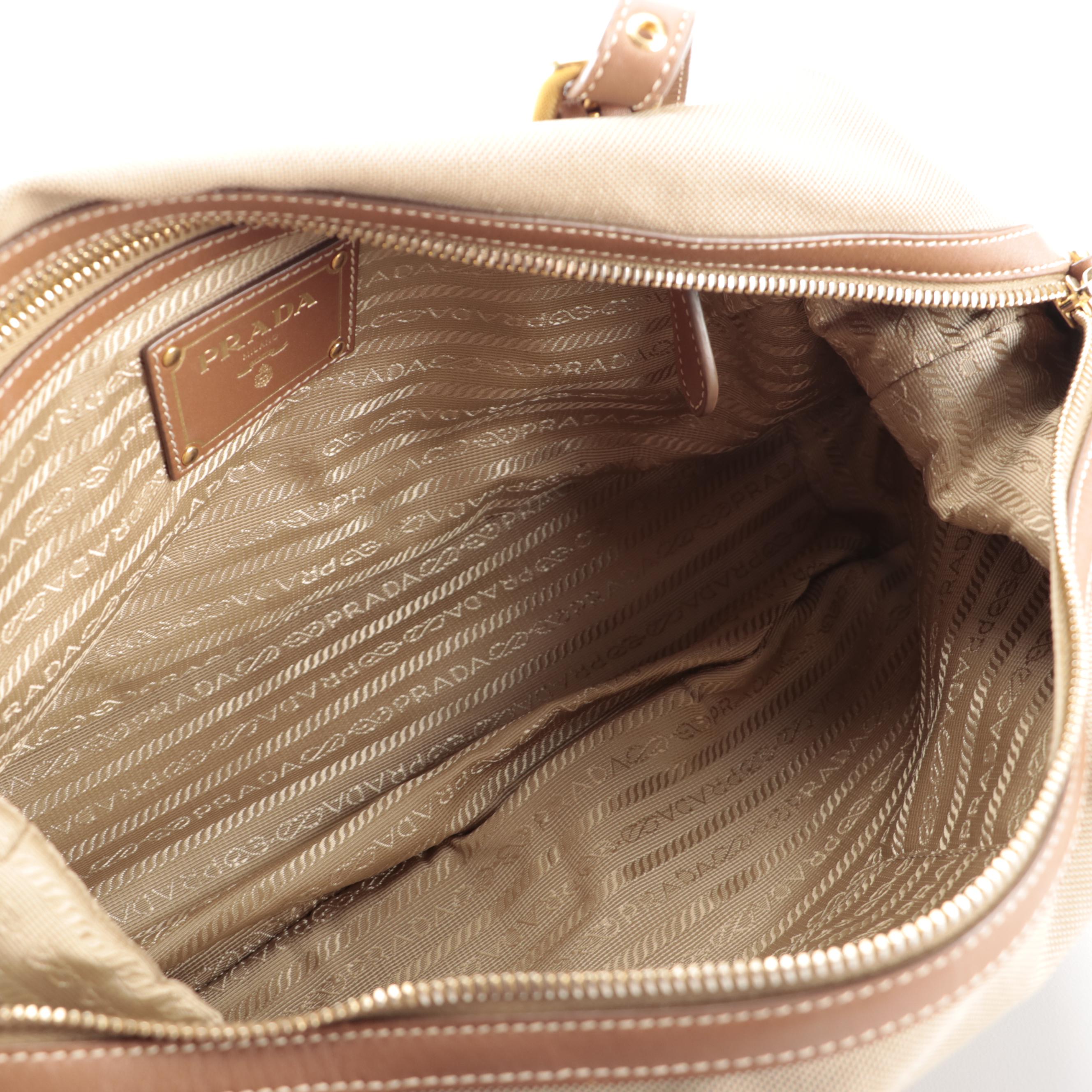 Prada Medium Bauletto Shoulder Bag in Logo Canvas with Brown Leather Trim