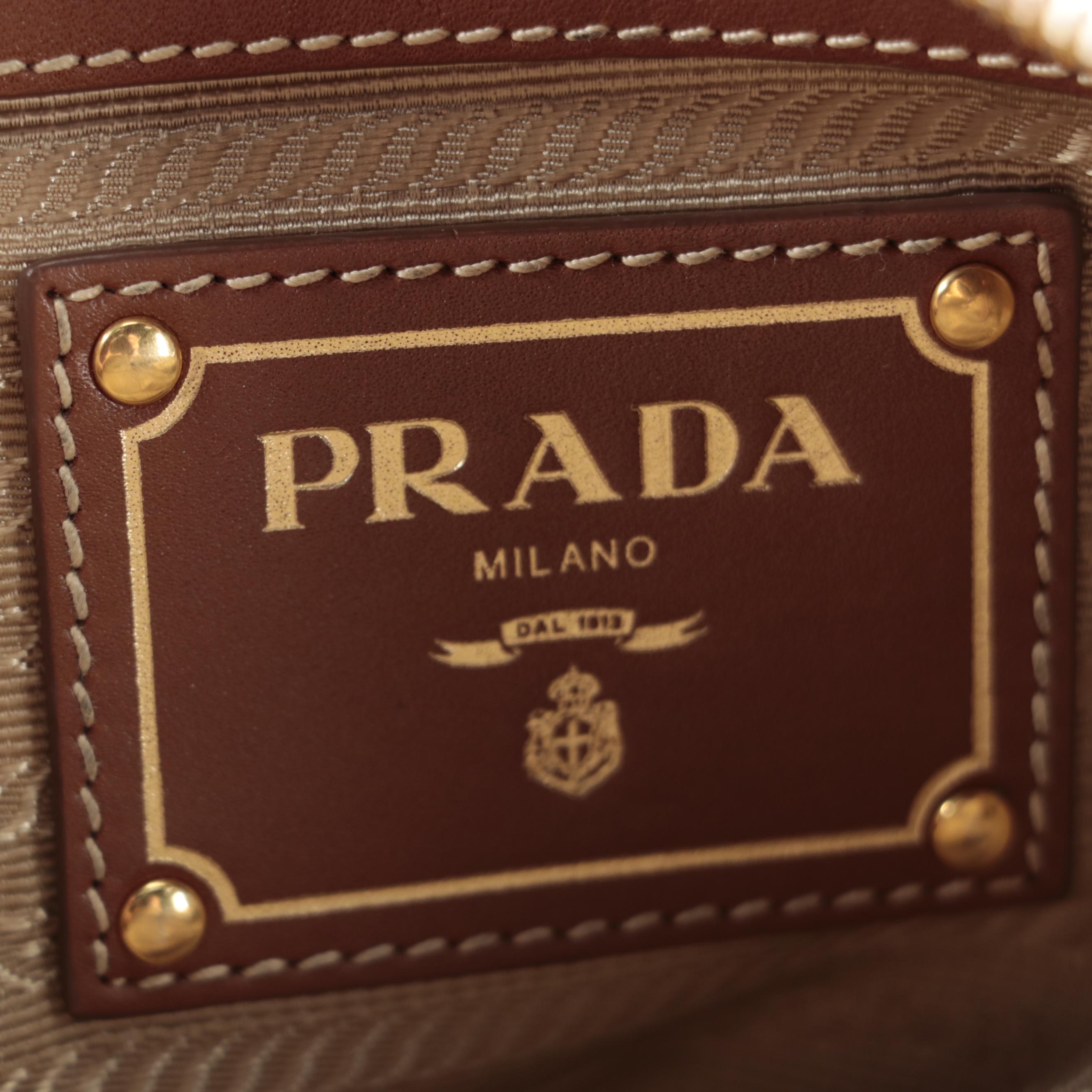 Prada Medium Bauletto Shoulder Bag in Logo Canvas with Brown Leather Trim