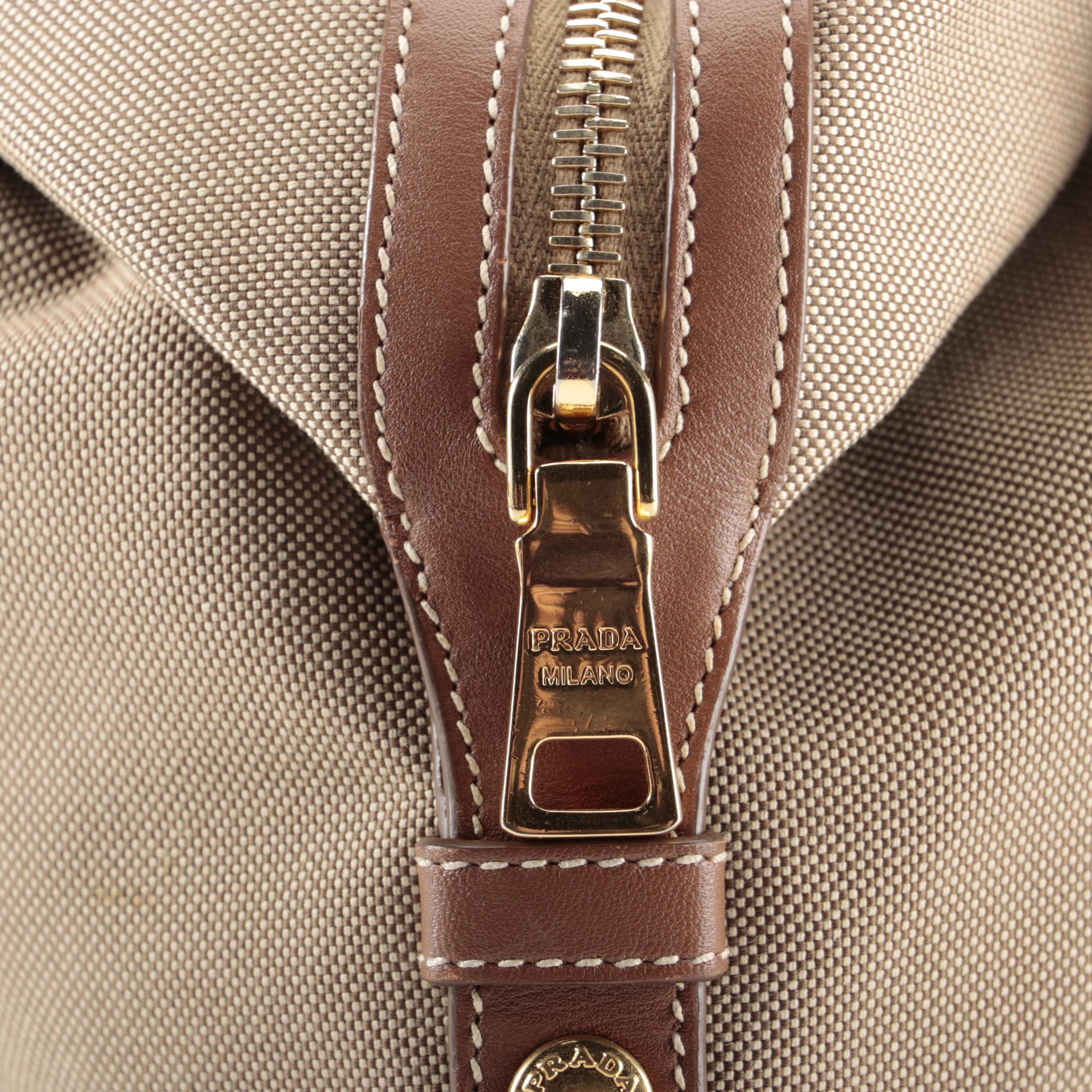 Prada Medium Bauletto Shoulder Bag in Logo Canvas with Brown Leather Trim