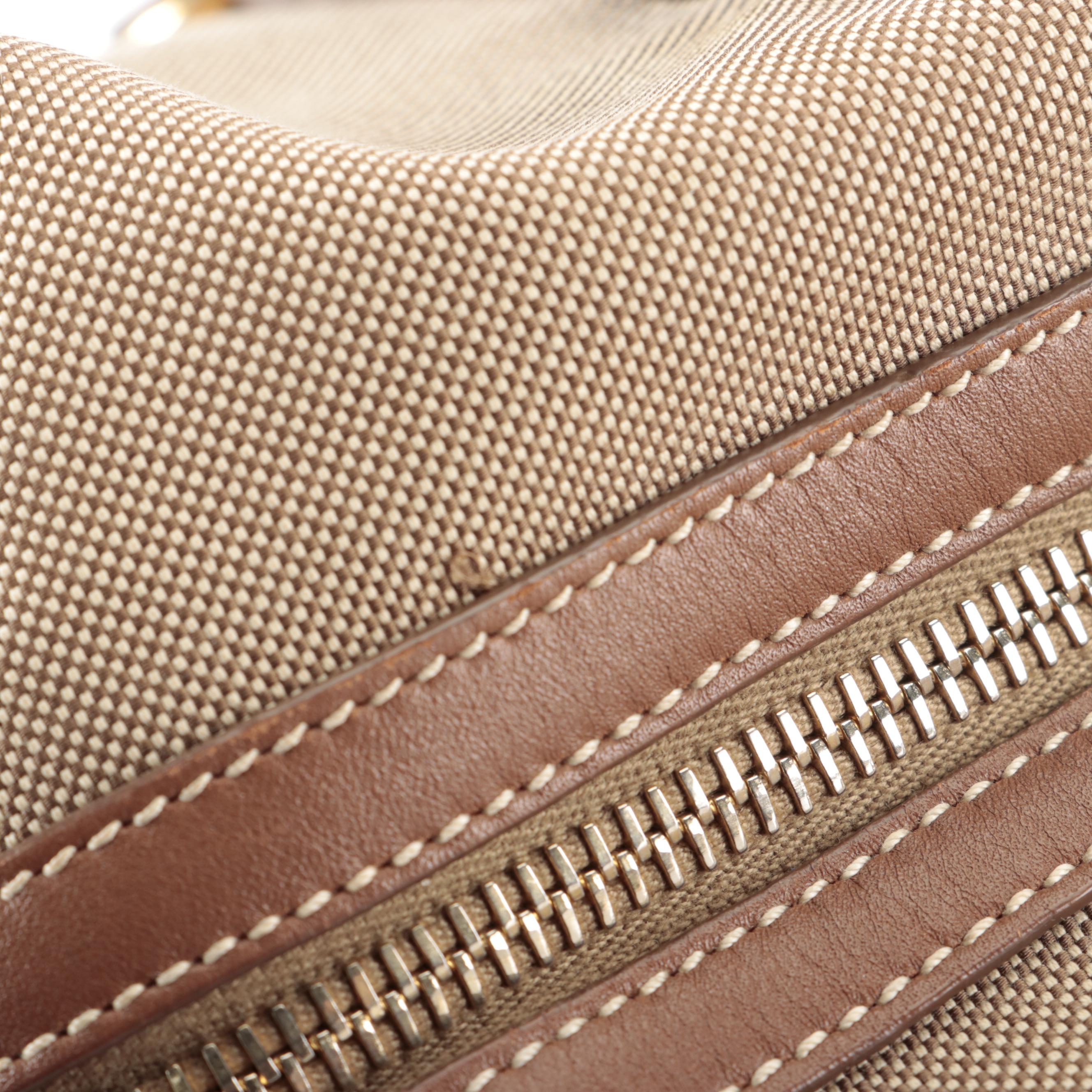 Prada Medium Bauletto Shoulder Bag in Logo Canvas with Brown Leather Trim